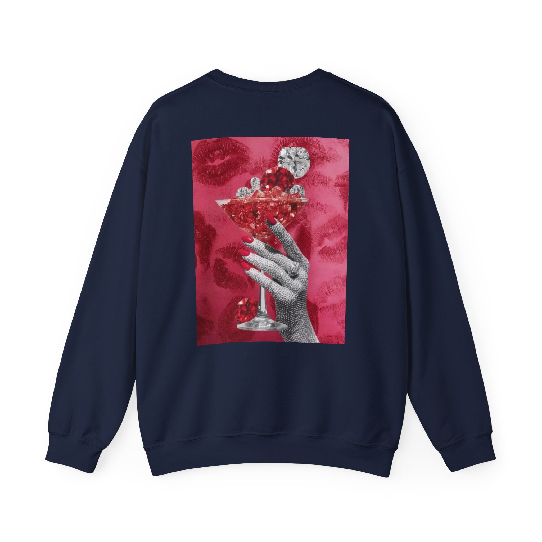 Crewneck Sweatshirt — Glamorous Red Cocktail Collage (Hand Holding Glass, Lip Print)