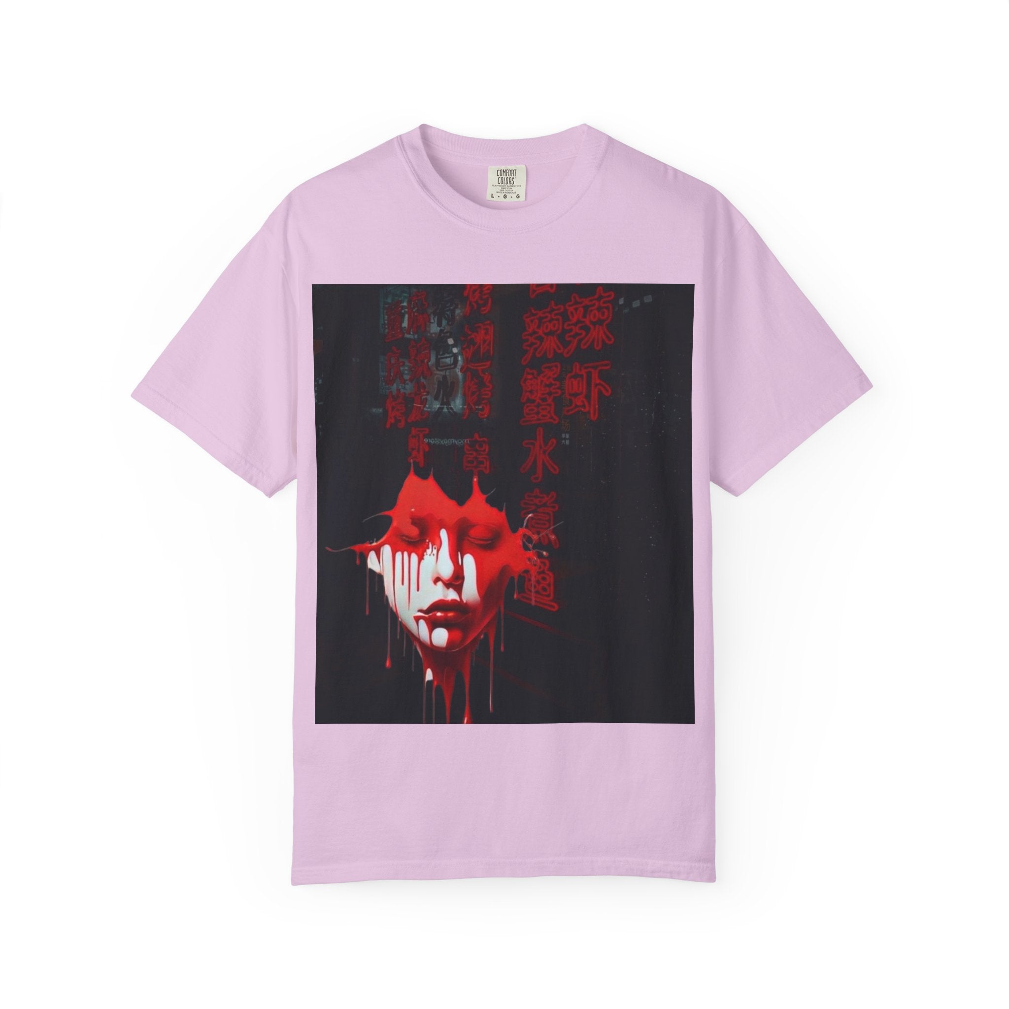 Horror Portrait Tee — Dripping Red Face with Japanese Script Graphic