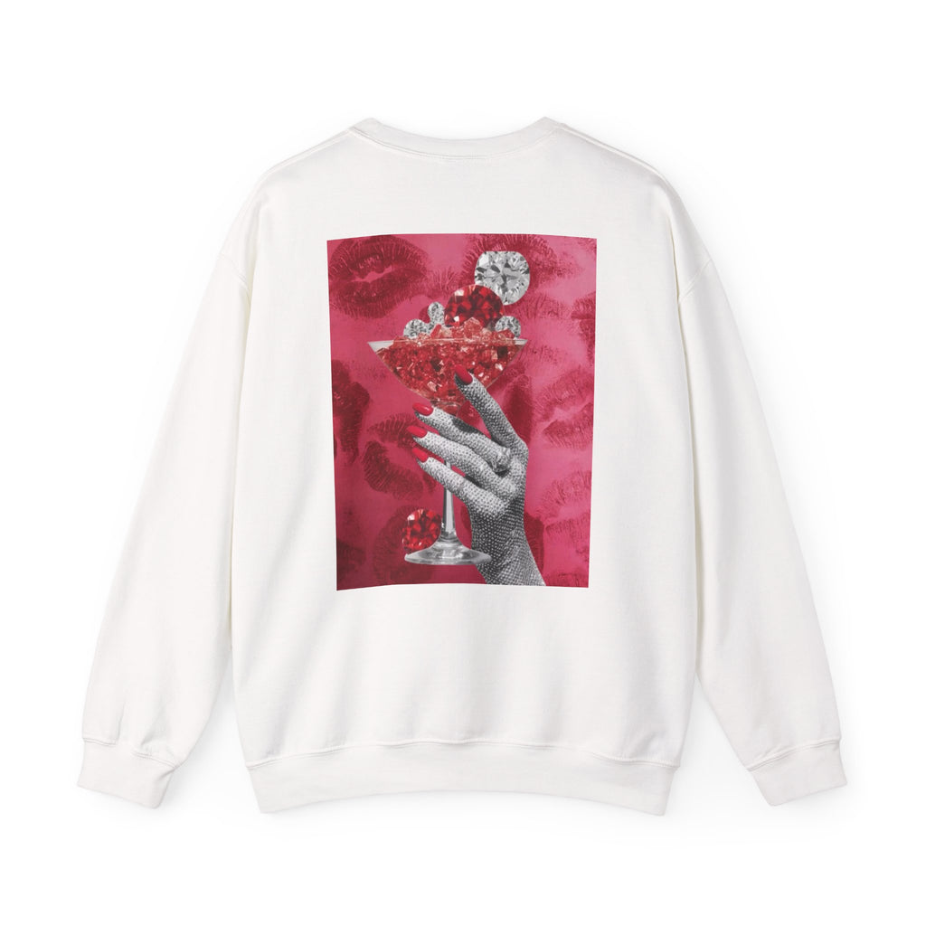 Crewneck Sweatshirt — Glamorous Red Cocktail Collage (Hand Holding Glass, Lip Print)