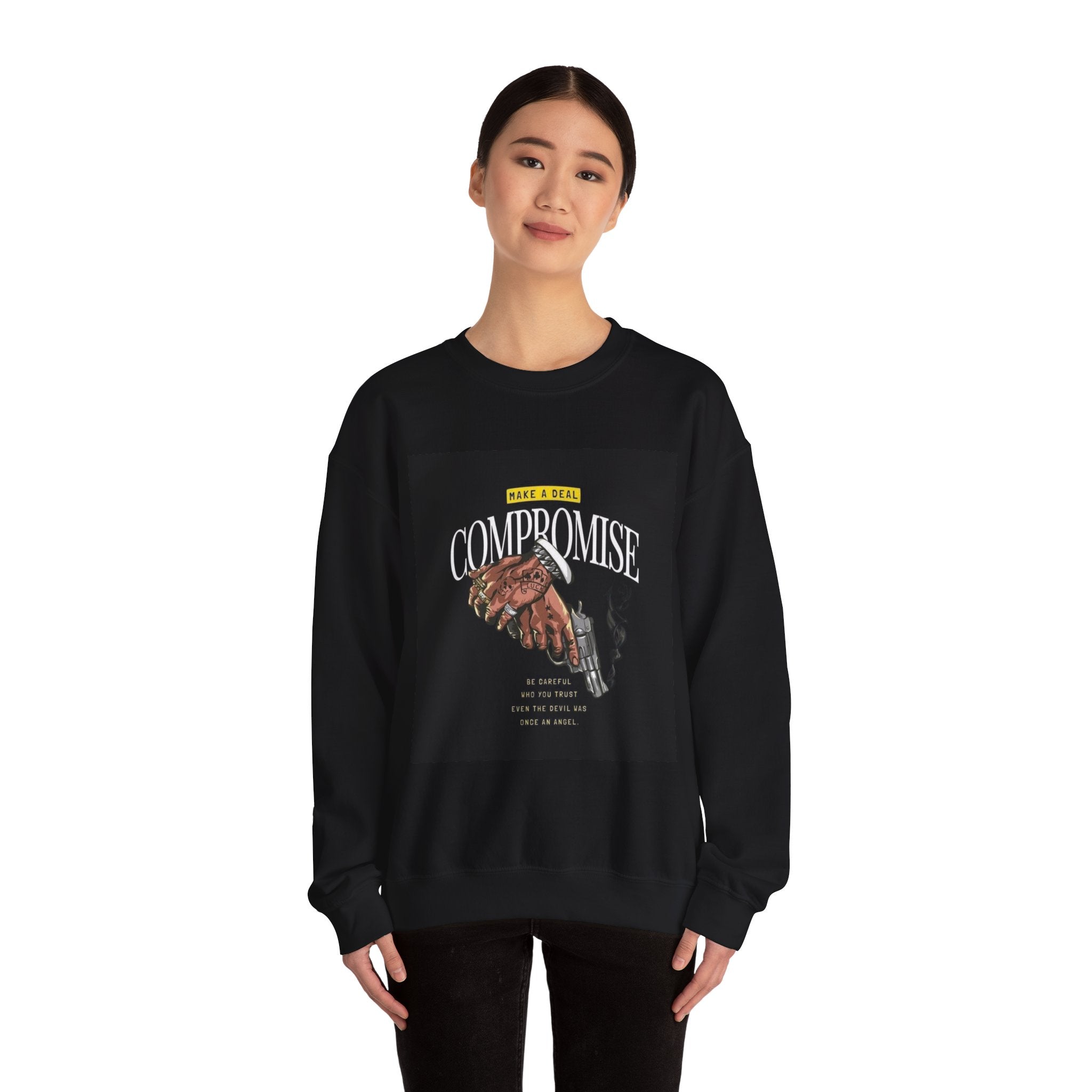 Compromise Graphic Sweatshirt — Vintage Handshake & Revolver Design