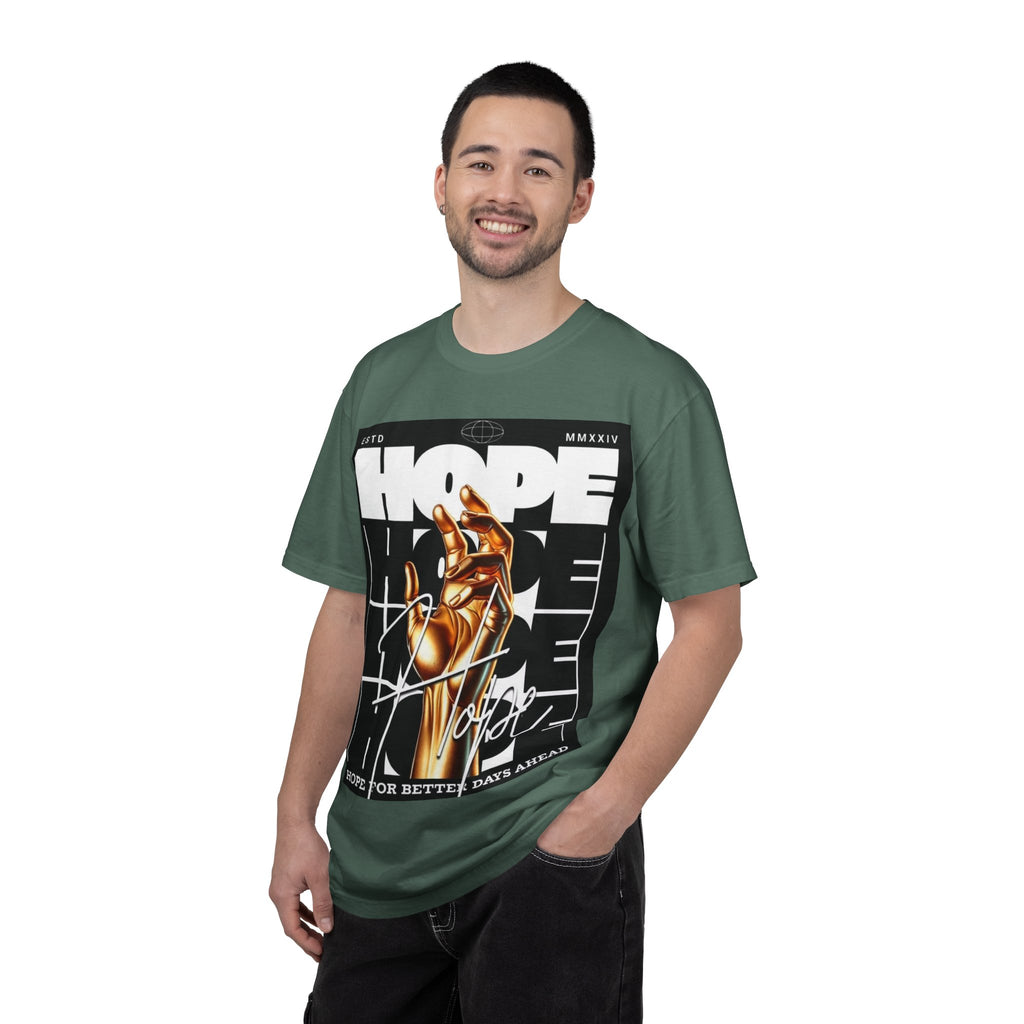 Hope Vibe Graphic T-Shirt — 'Hope for Better Days Ahead' Chest Print with Gold Hand & Back 'Legaciess' Logo