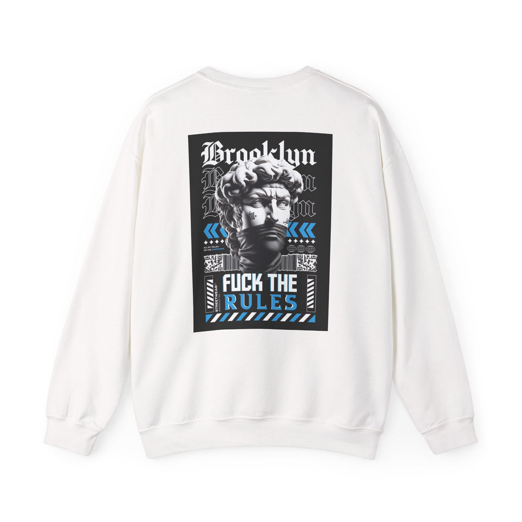 Crewneck Sweatshirt — 'Brooklyn' Statue Graphic with “Fuck the Rules” Streetwear Slogan