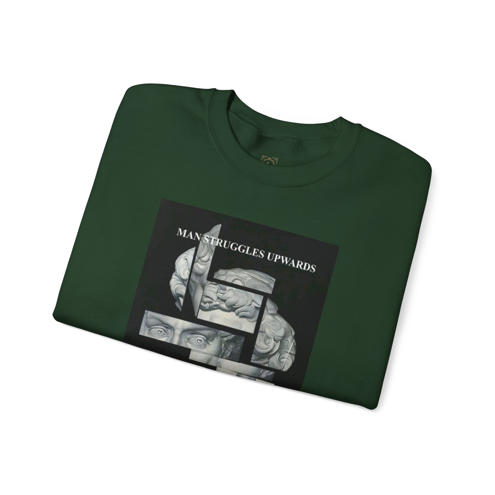 Dream Fragment Crewneck Sweatshirt — 'Man Struggles Upwards' Statue Collage