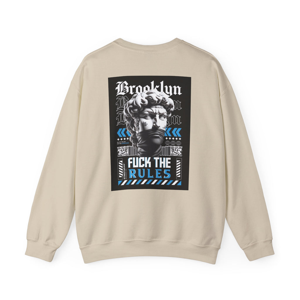 Crewneck Sweatshirt — 'Brooklyn' Statue Graphic with “Fuck the Rules” Streetwear Slogan