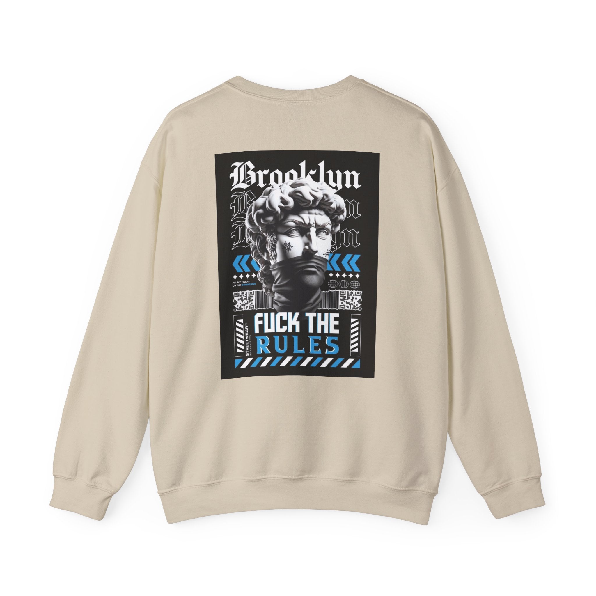 Crewneck Sweatshirt — 'Brooklyn' Statue Graphic with “Fuck the Rules” Streetwear Slogan