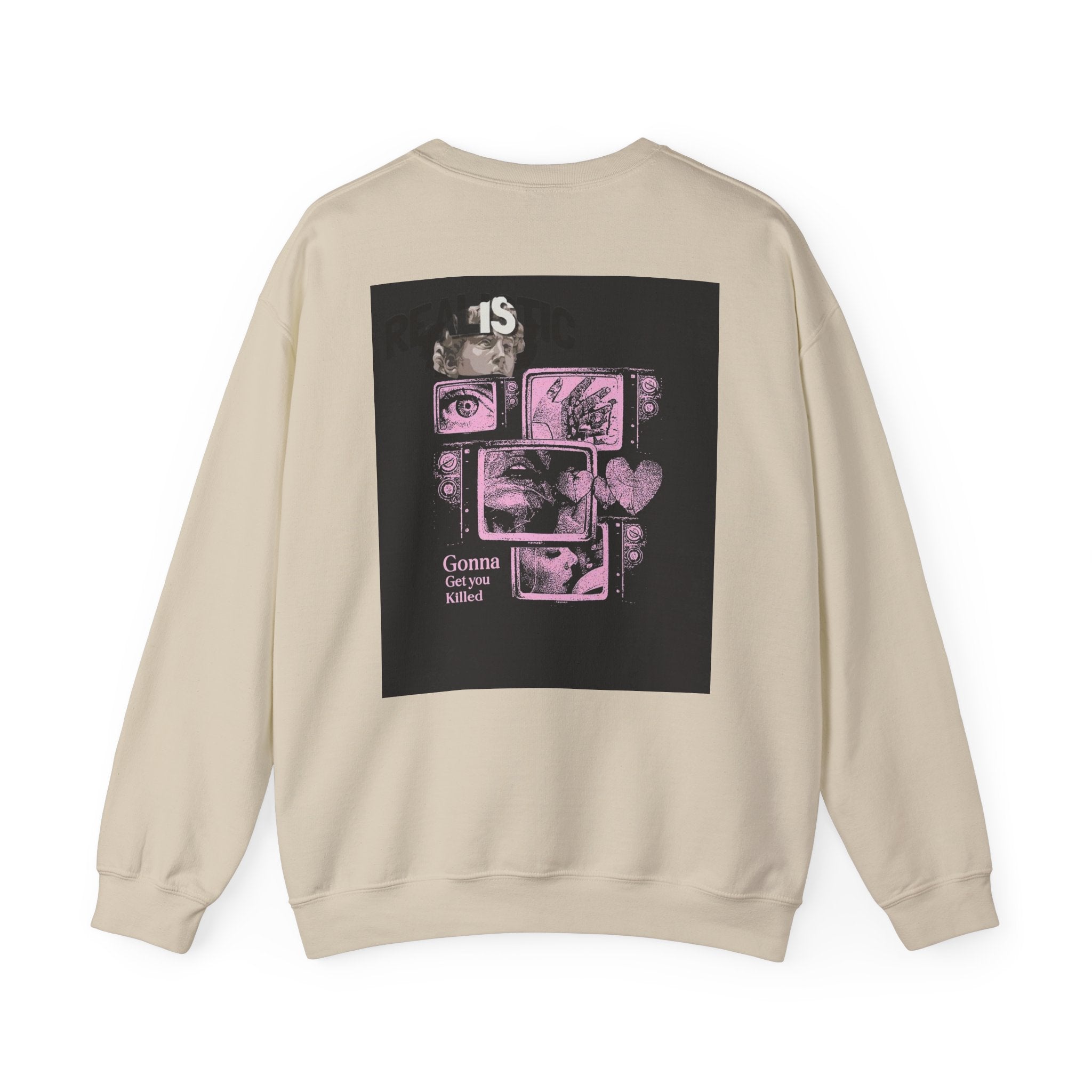 Crewneck Sweatshirt — Pink Collage Eyes Graphic “Gonna Get You, Kiddo”