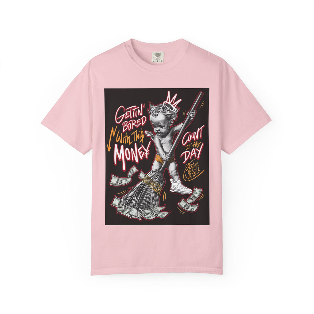 Cat Broomstick Money Tee — "Gettin' Bored With This Money" Graphic T-Shirt