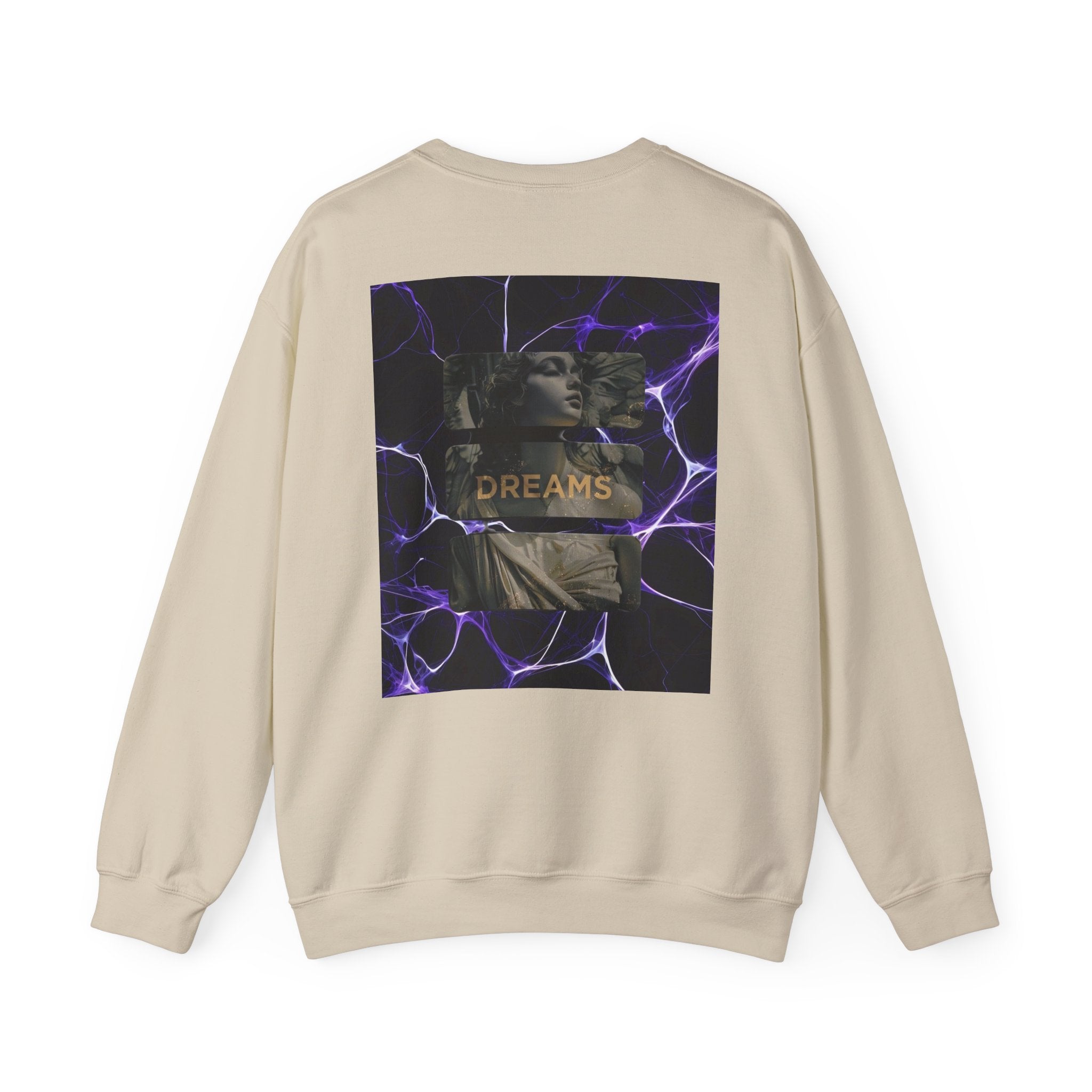 Dreams Statue Crewneck Sweatshirt — Retro Statue Graphic with Purple Lightning