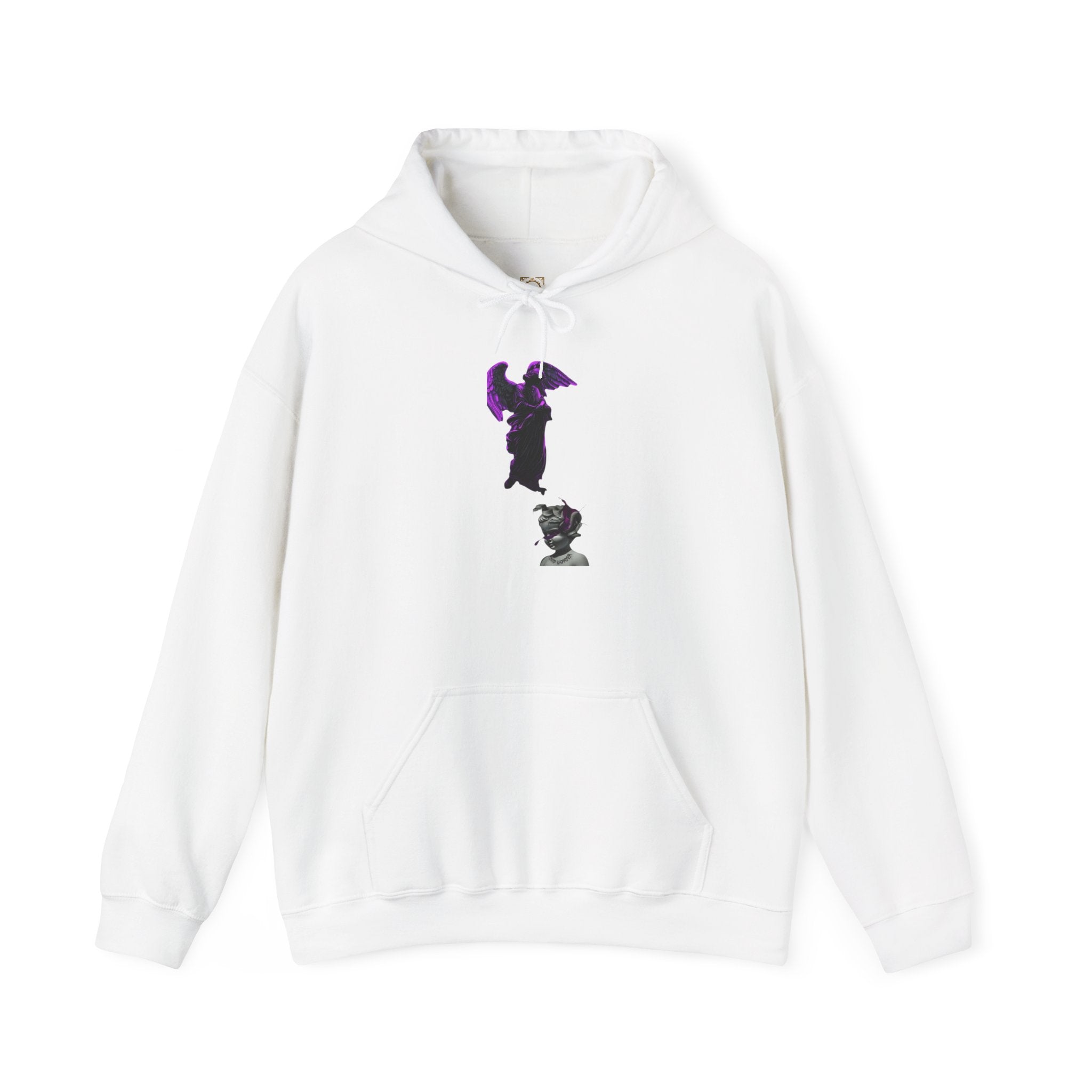 Angel Statue Hoodie — Gothic Purple Accent Sculptural Graphic Hoodie