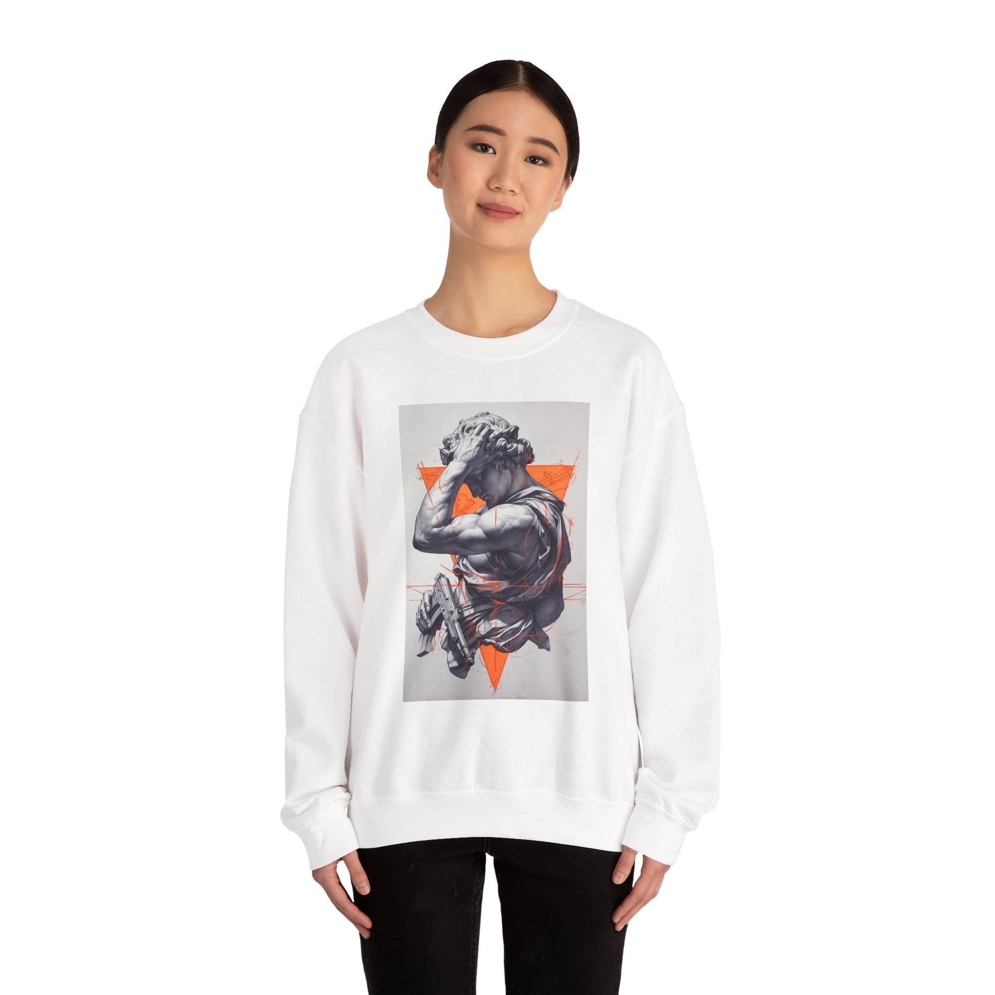 Statue Graphic Sweatshirt — Vintage Sculpture with Orange Triangle