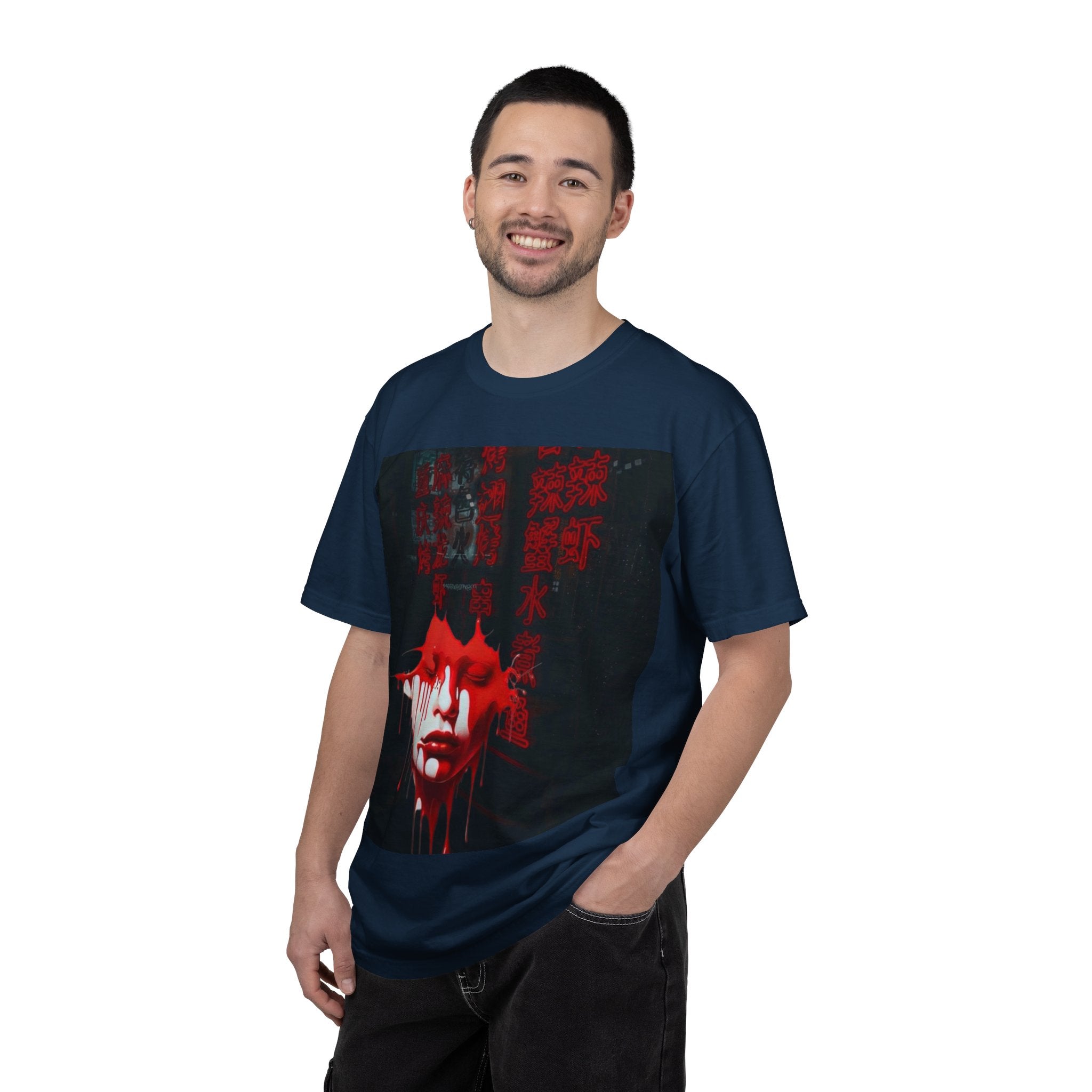 Horror Portrait Tee — Dripping Red Face with Japanese Script Graphic