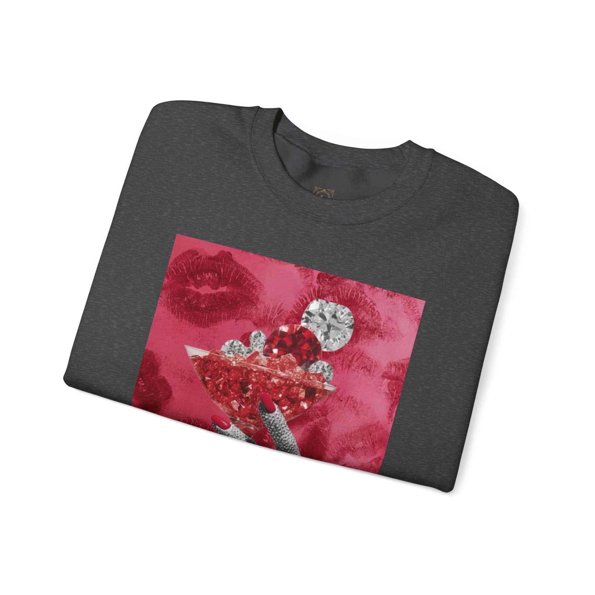Crewneck Sweatshirt — Glamorous Red Cocktail Collage (Hand Holding Glass, Lip Print)