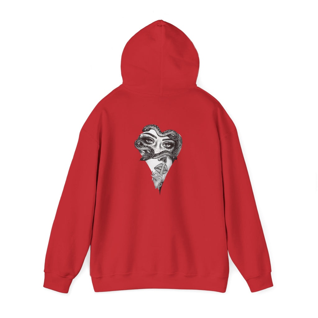Abstract Heart Mask Hoodie — Surreal Black & White Graphic Pullover