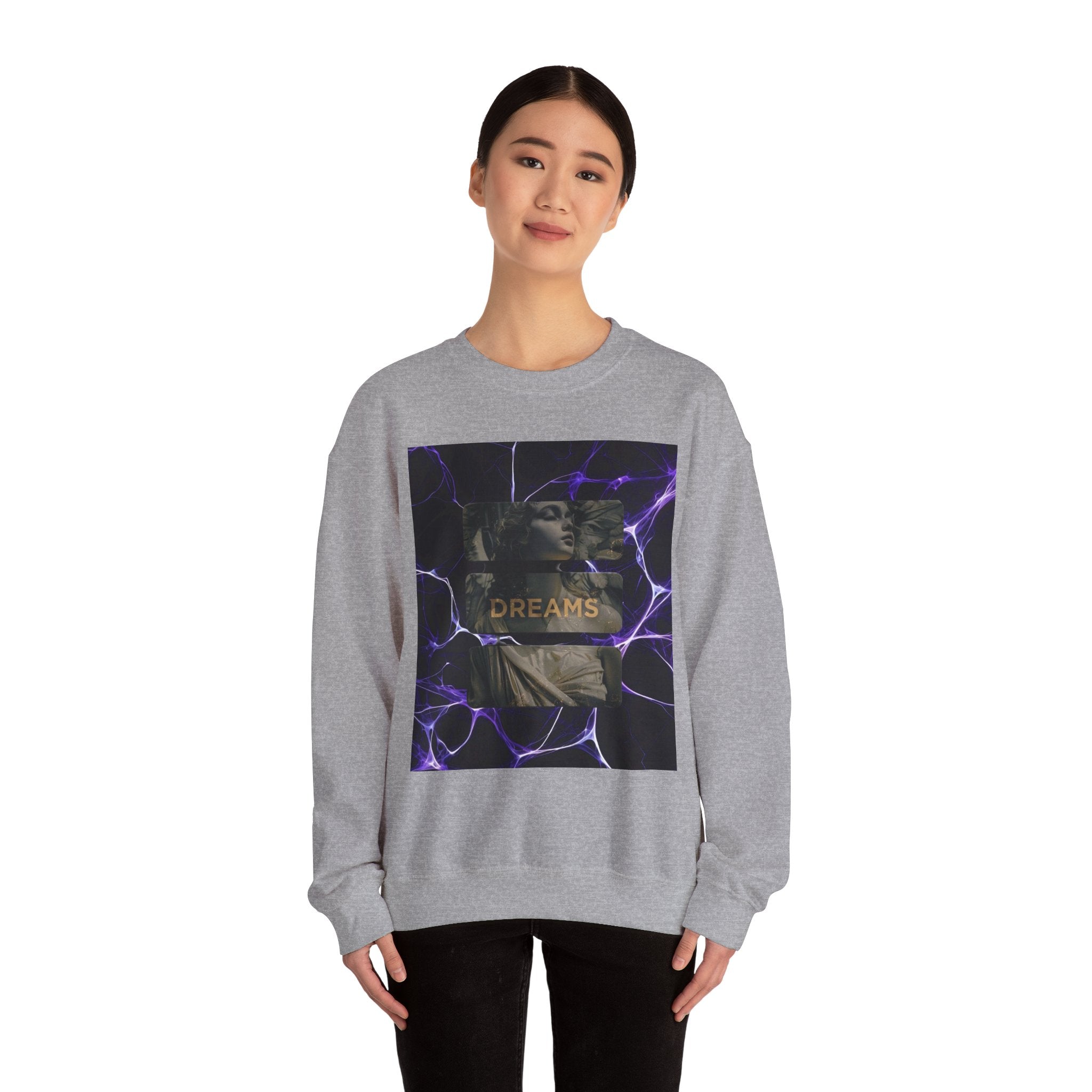 Dreams Statue Crewneck Sweatshirt — Retro Statue Graphic with Purple Lightning