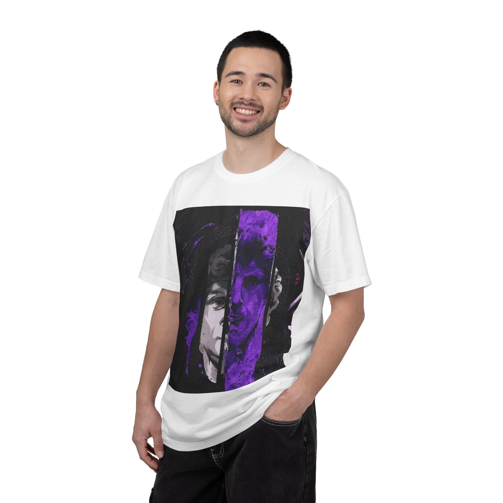 Dramatic Split-Face Graphic T-Shirt — Purple Noir Portrait Tee