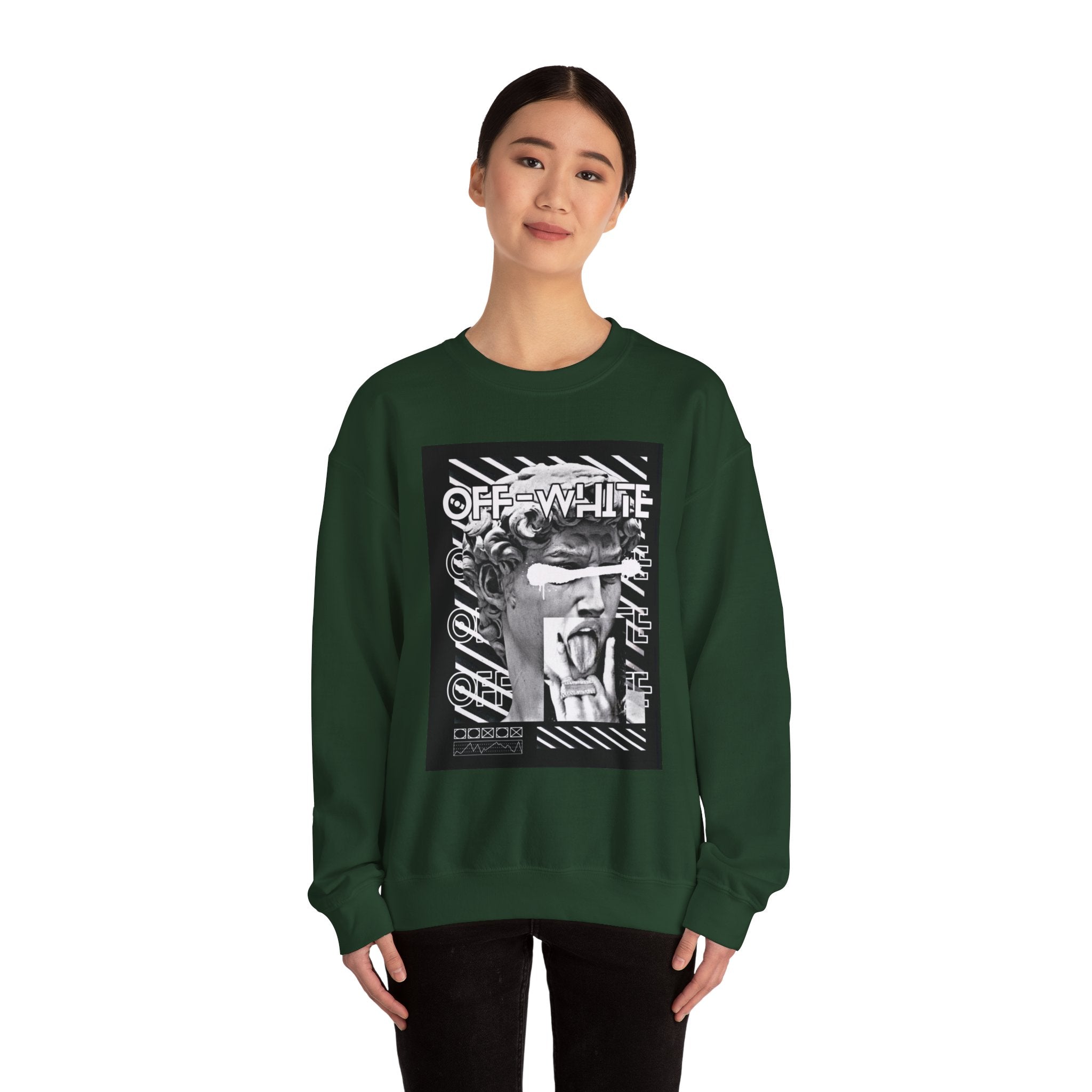 Statue Graphic Crewneck Sweatshirt — 'OFF-WHITE' Monochrome Streetwear Pullover