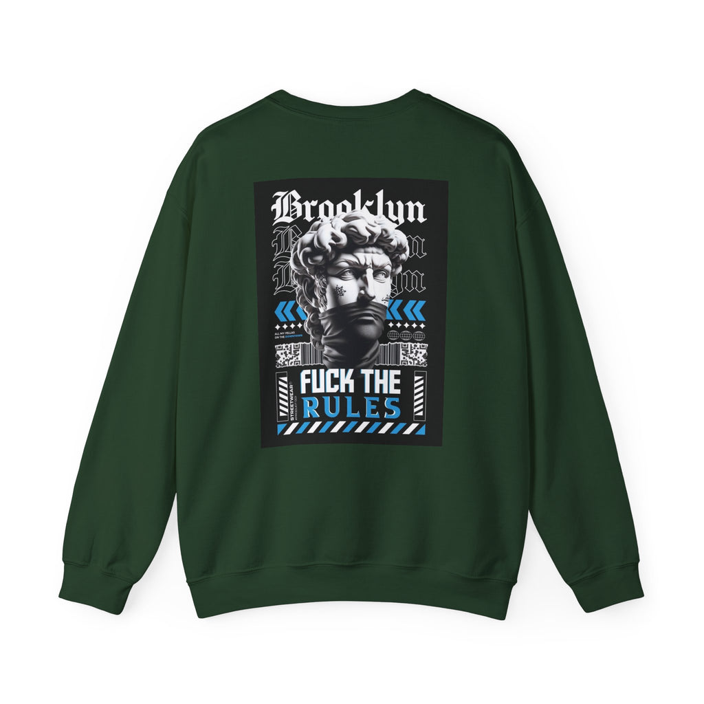 Crewneck Sweatshirt — 'Brooklyn' Statue Graphic with “Fuck the Rules” Streetwear Slogan