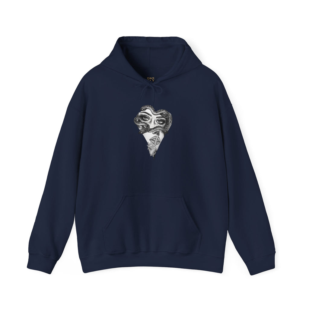 Abstract Heart Mask Hoodie — Surreal Black & White Graphic Pullover