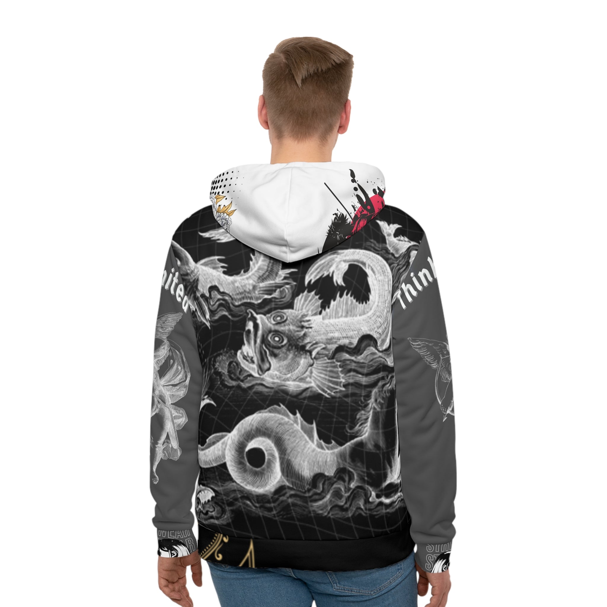 Graphic Streetwear Hoodie — Abstract Collage & Mythic Sea Creatures AOP