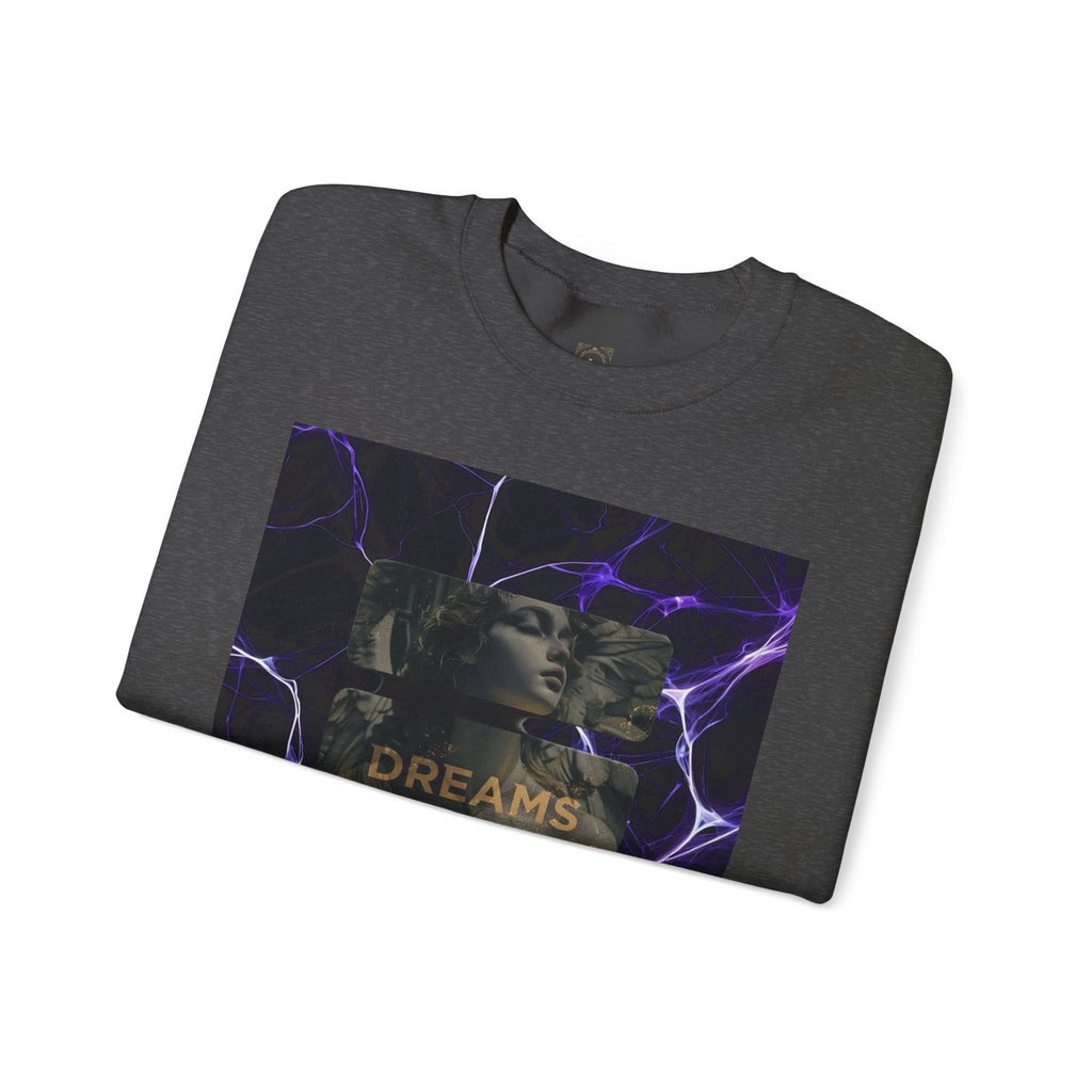 Dreams Statue Crewneck Sweatshirt — Retro Statue Graphic with Purple Lightning
