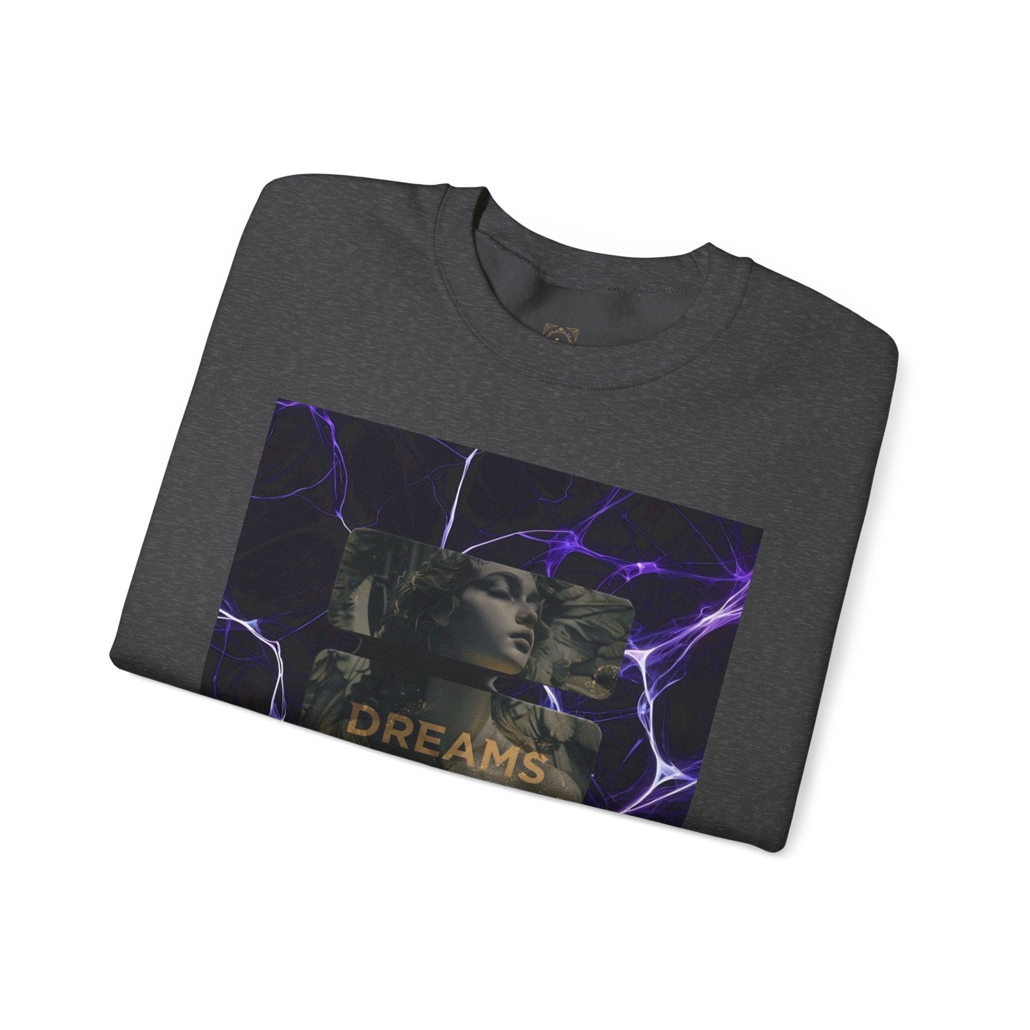 Dreams Statue Crewneck Sweatshirt — Retro Statue Graphic with Purple Lightning