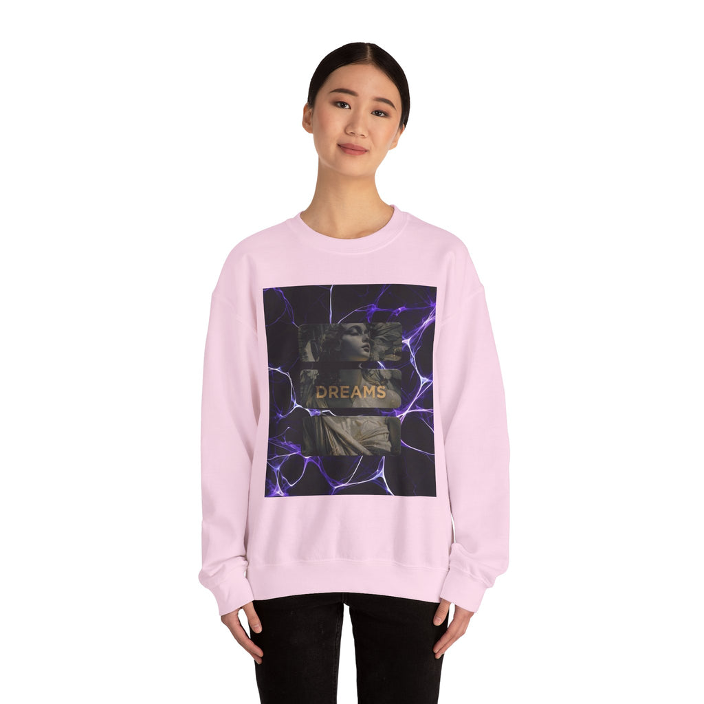 Dreams Statue Crewneck Sweatshirt — Retro Statue Graphic with Purple Lightning