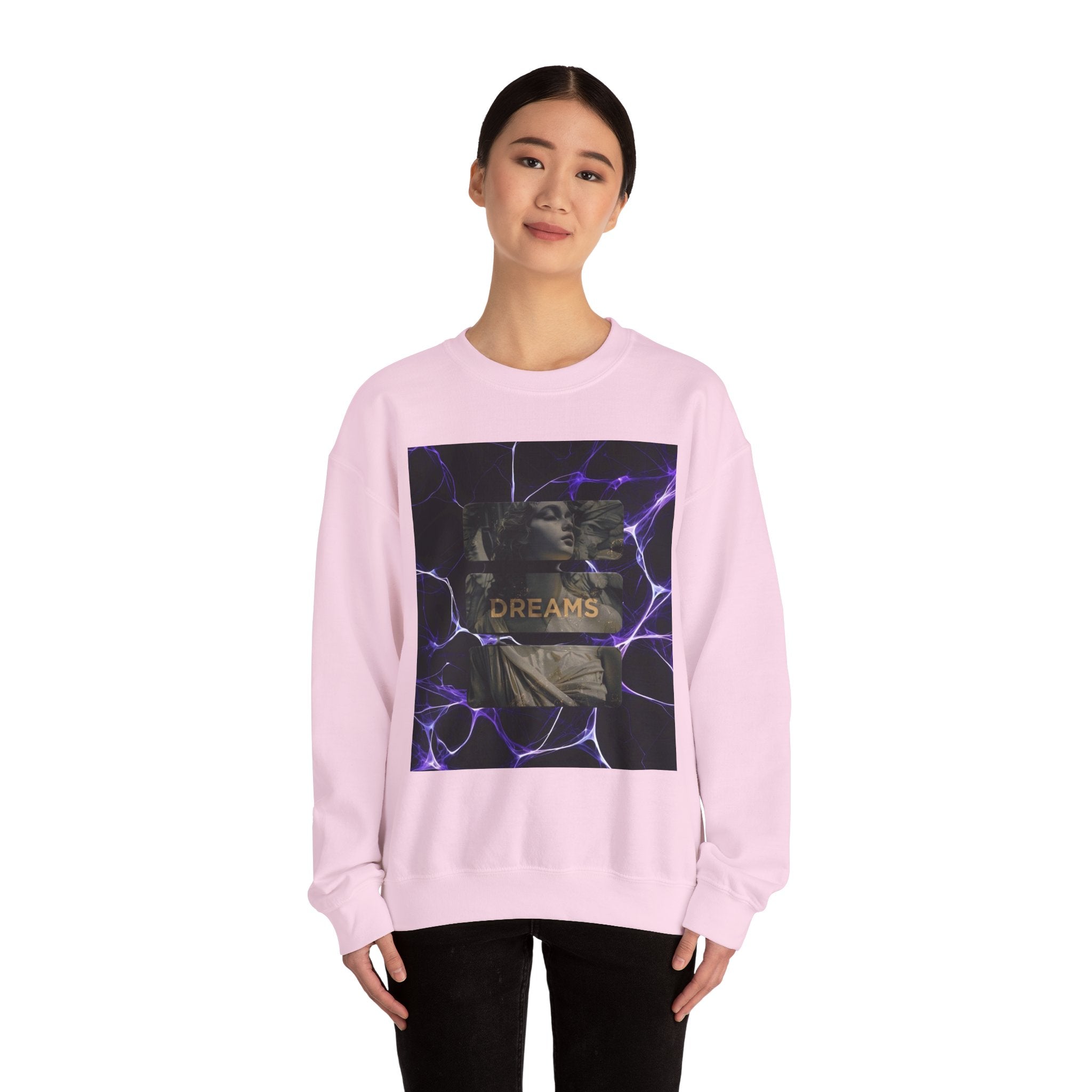 Dreams Statue Crewneck Sweatshirt — Retro Statue Graphic with Purple Lightning