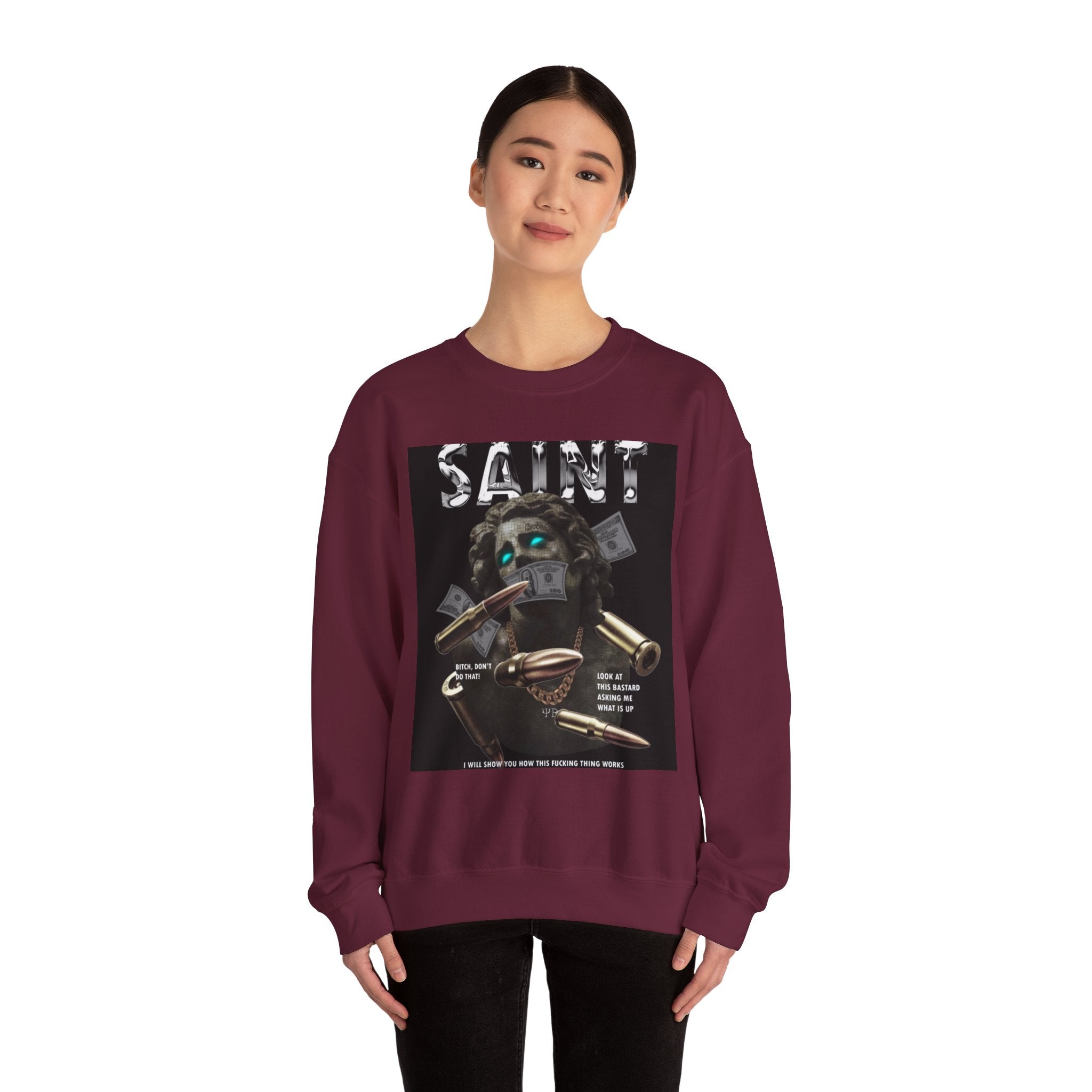 Saint Graphic Crewneck Sweatshirt — Dark Art Money Montage