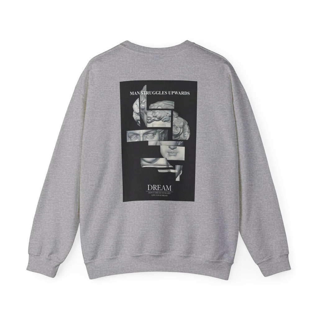 Dream Fragment Crewneck Sweatshirt — 'Man Struggles Upwards' Statue Collage