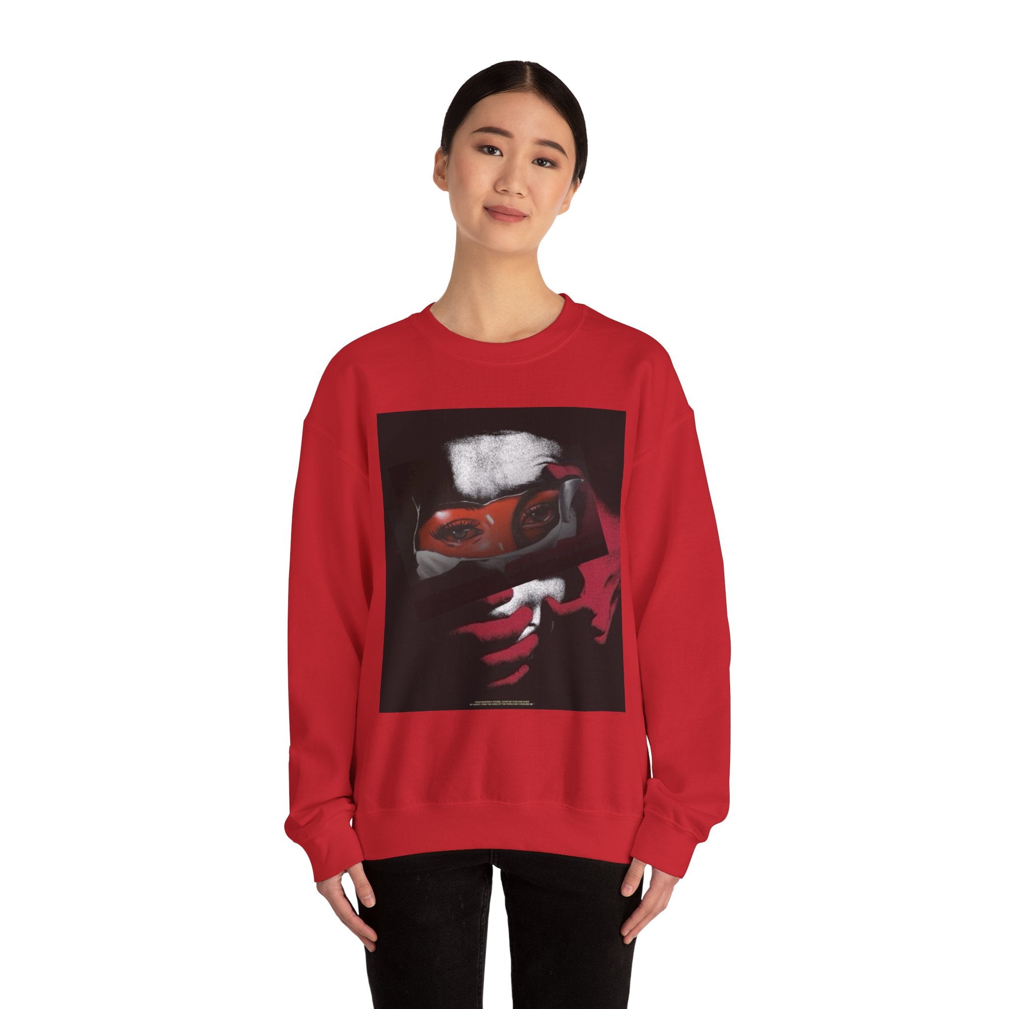 Masked Red Eyes Crewneck Sweatshirt — Graphic Streetwear with 'Legaciess' Back Logo