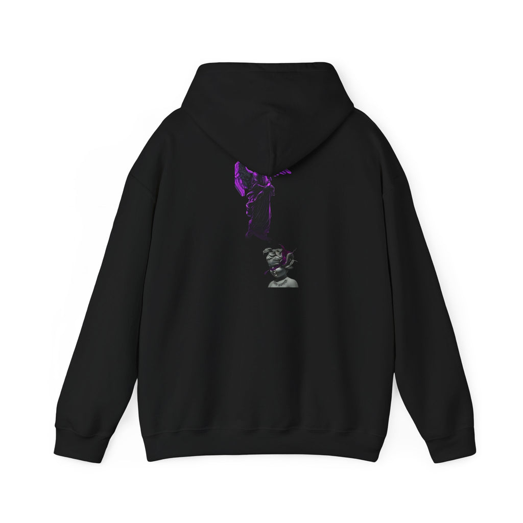 Angel Statue Hoodie — Gothic Purple Accent Sculptural Graphic Hoodie