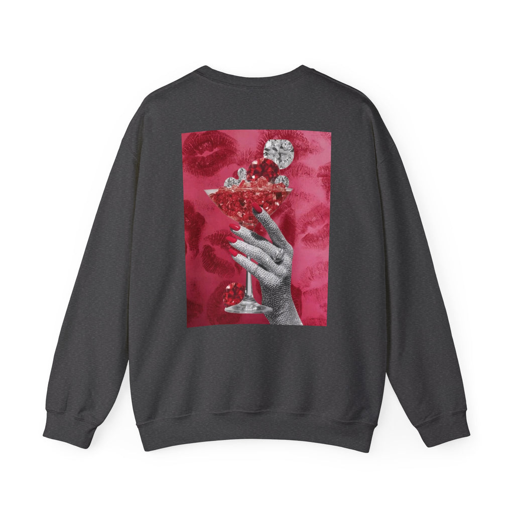 Crewneck Sweatshirt — Glamorous Red Cocktail Collage (Hand Holding Glass, Lip Print)