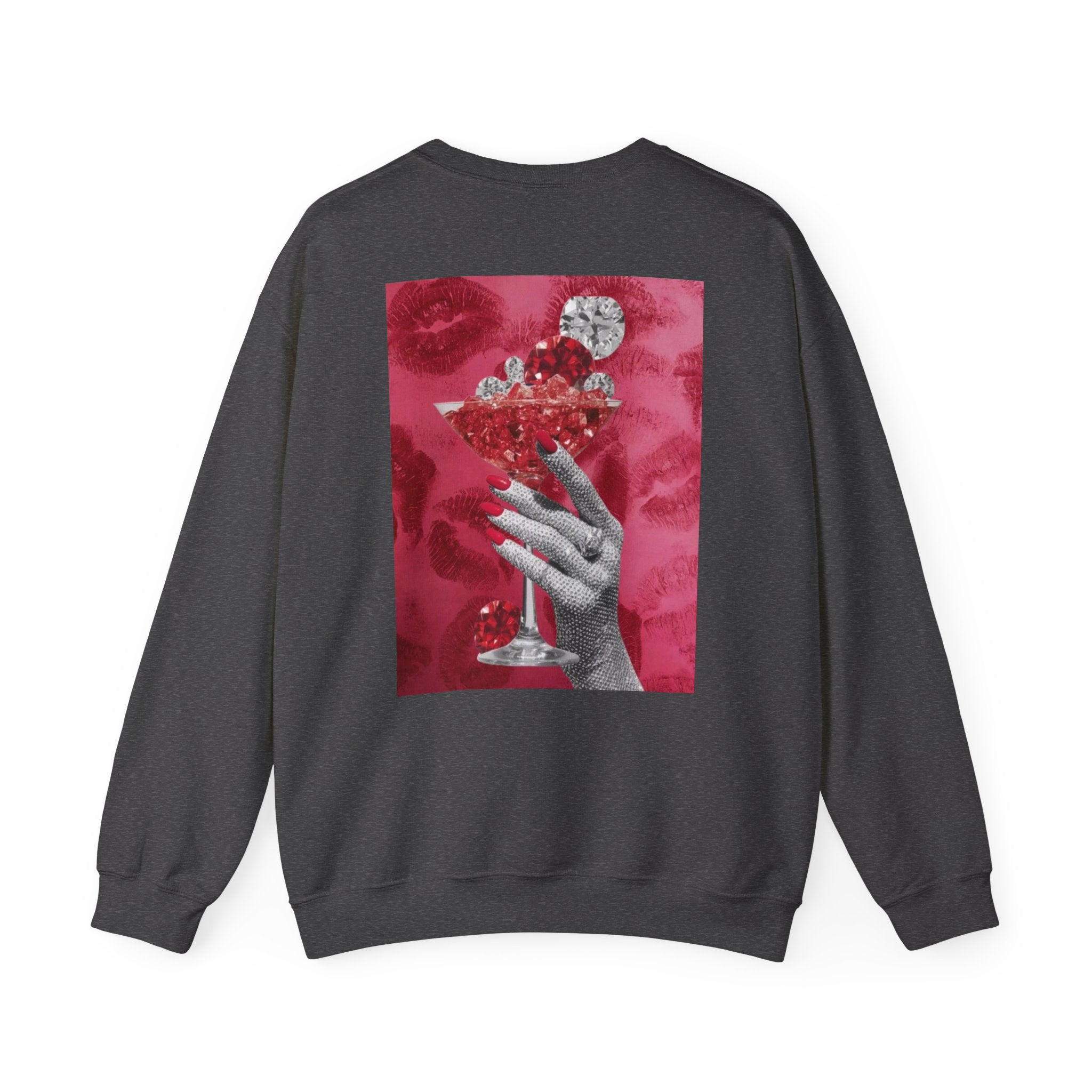 Crewneck Sweatshirt — Glamorous Red Cocktail Collage (Hand Holding Glass, Lip Print)