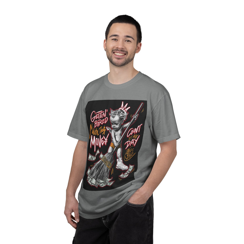 Cat Broomstick Money Tee — "Gettin' Bored With This Money" Graphic T-Shirt