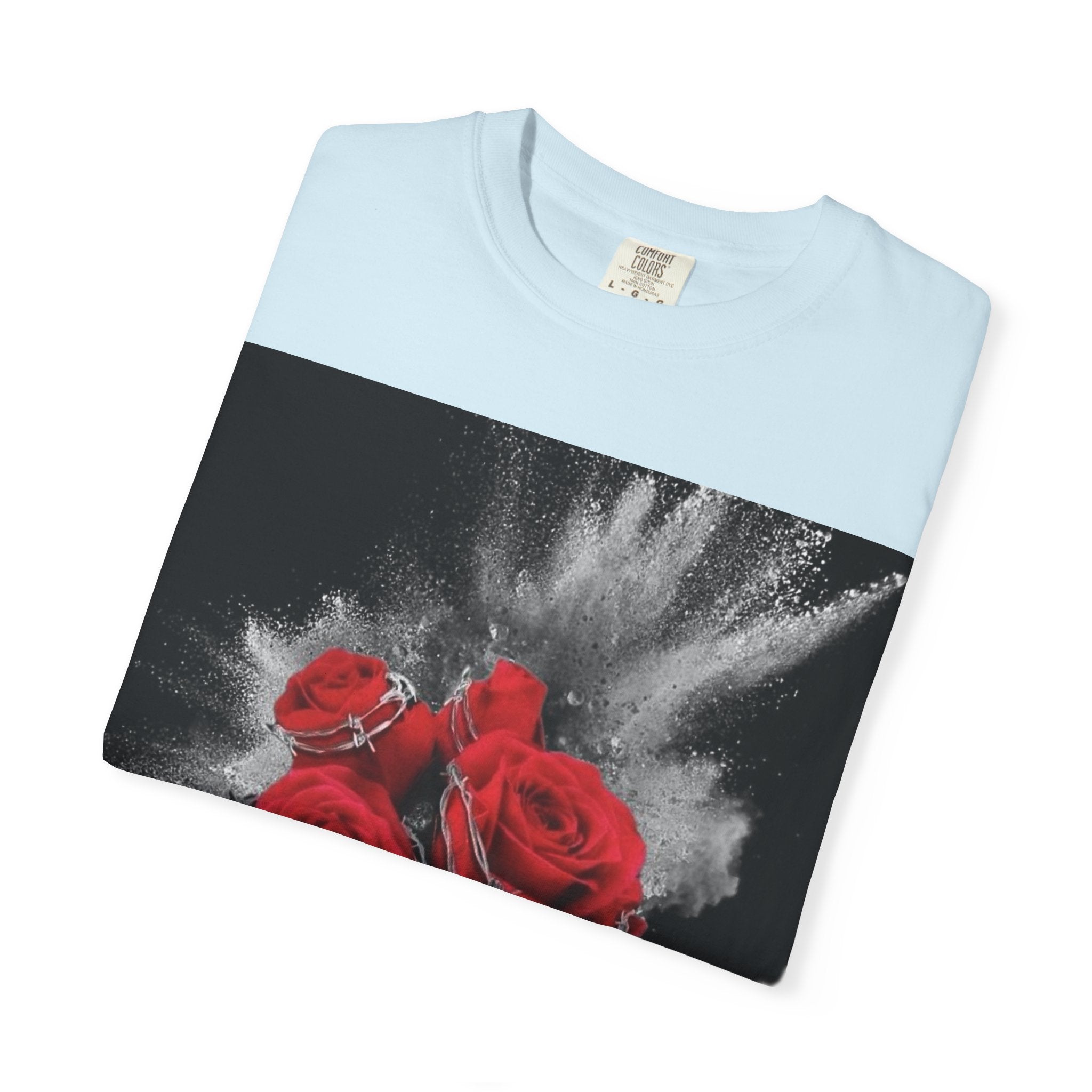 Rose Burst T-Shirt — Red Roses Graphic Tee with 'LEGACIESS' Back Logo