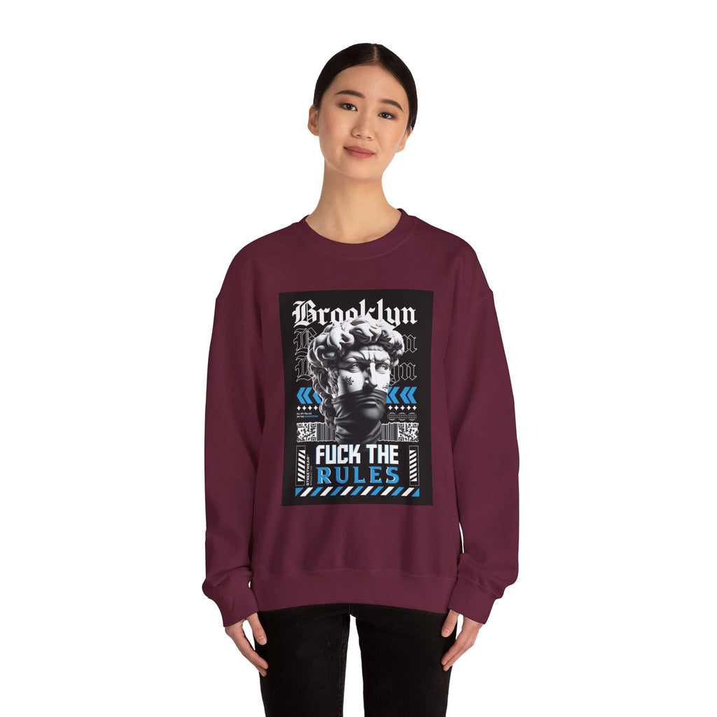 Crewneck Sweatshirt — 'Brooklyn' Statue Graphic with “Fuck the Rules” Streetwear Slogan