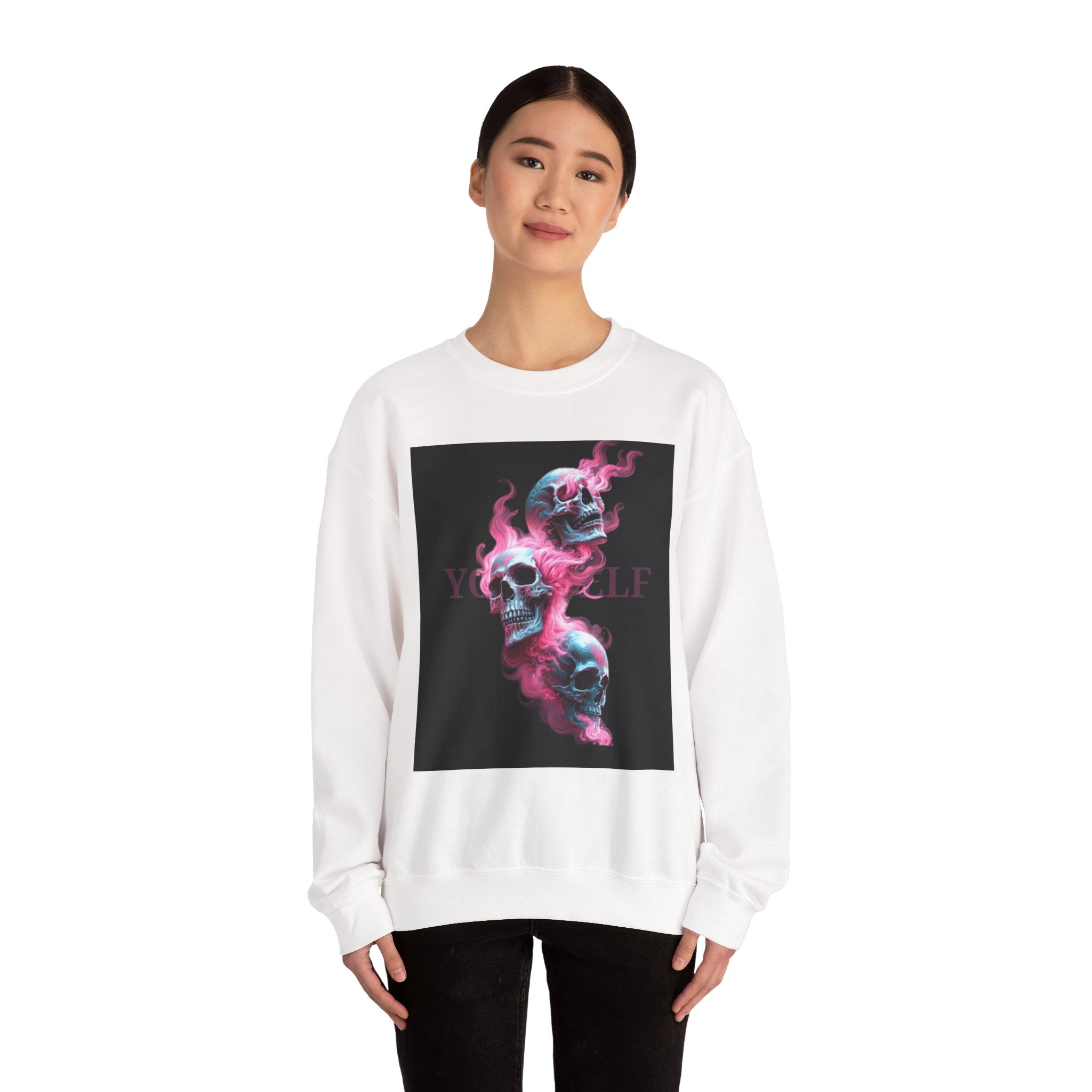 Skull Smoke Crewneck Sweatshirt — Neon Pink & Blue Gothic Graphic