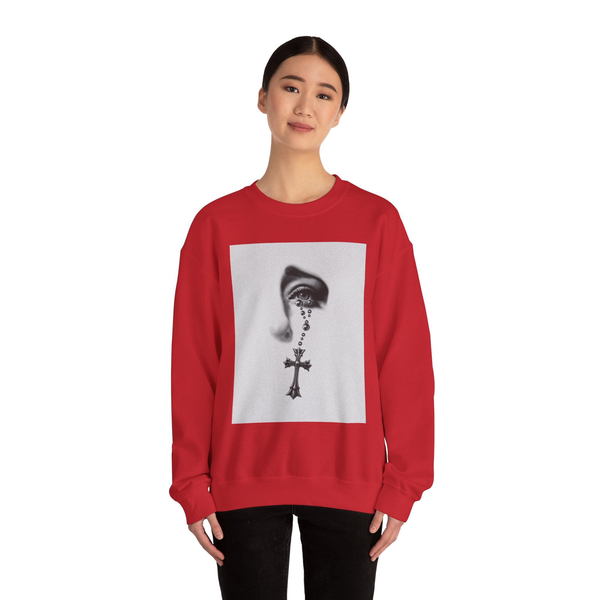 Rosary Tear Crewneck Sweatshirt — Gothic Eye & Cross Graphic