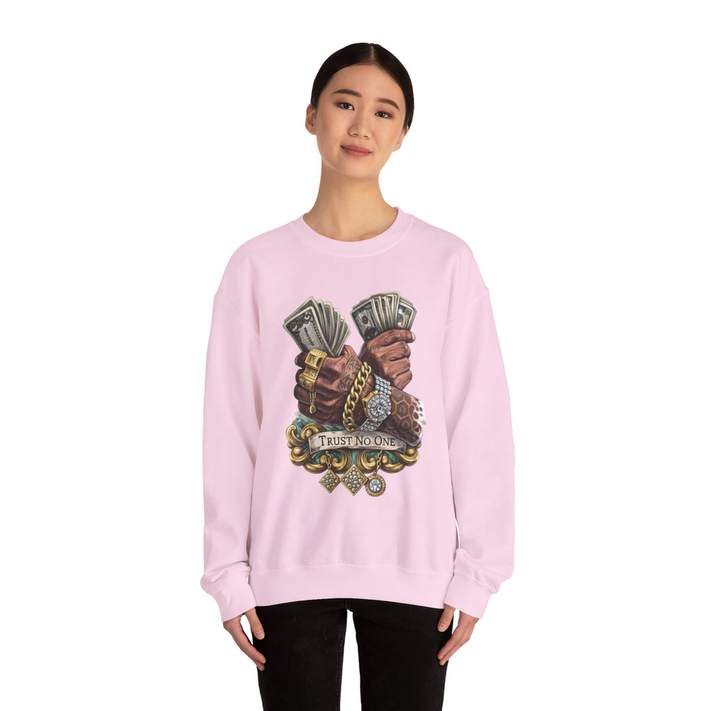 Crewneck Sweatshirt — 'Trust No One' Money Hands Graphic
