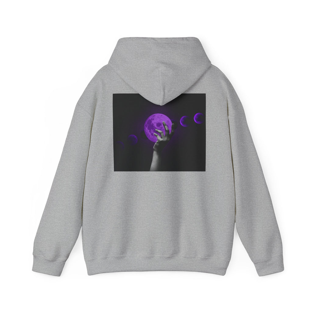 Moon Phases Hoodie — Purple Lunar Hand Graphic Pullover