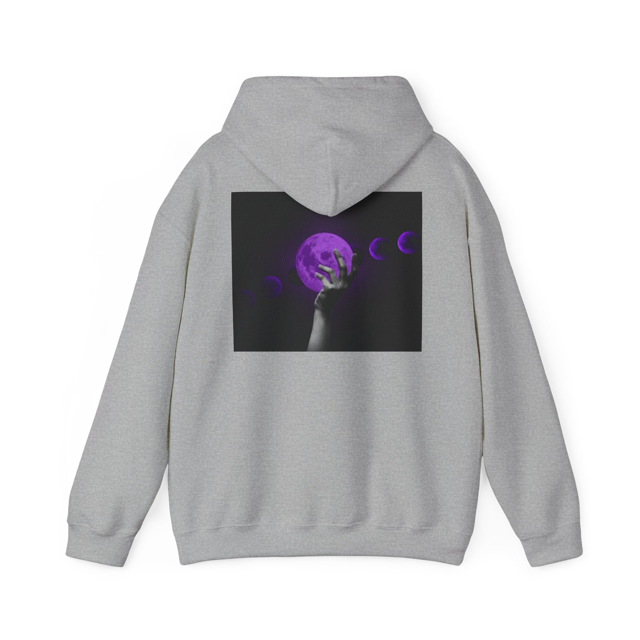 Moon Phases Hoodie — Purple Lunar Hand Graphic Pullover