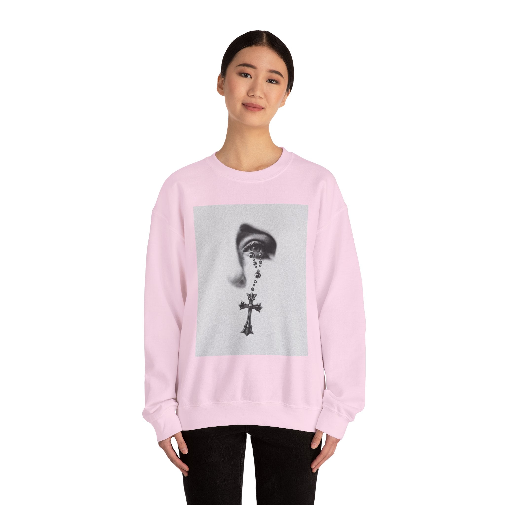 Rosary Tear Crewneck Sweatshirt — Gothic Eye & Cross Graphic