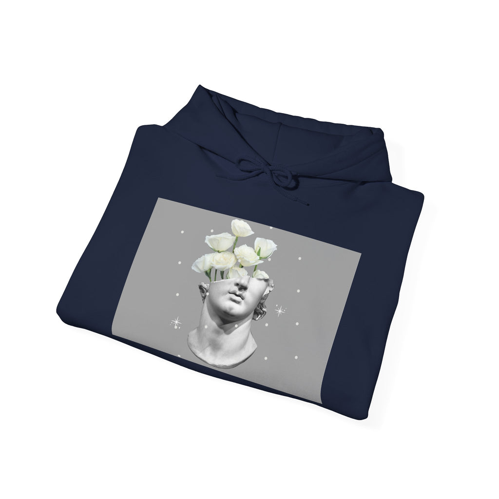 Statue Bloom Hoodie — Classical Bust with White Flowers Graphic Hoodie