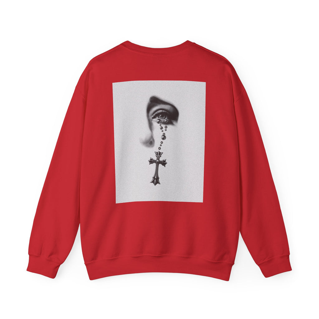 Rosary Tear Crewneck Sweatshirt — Gothic Eye & Cross Graphic