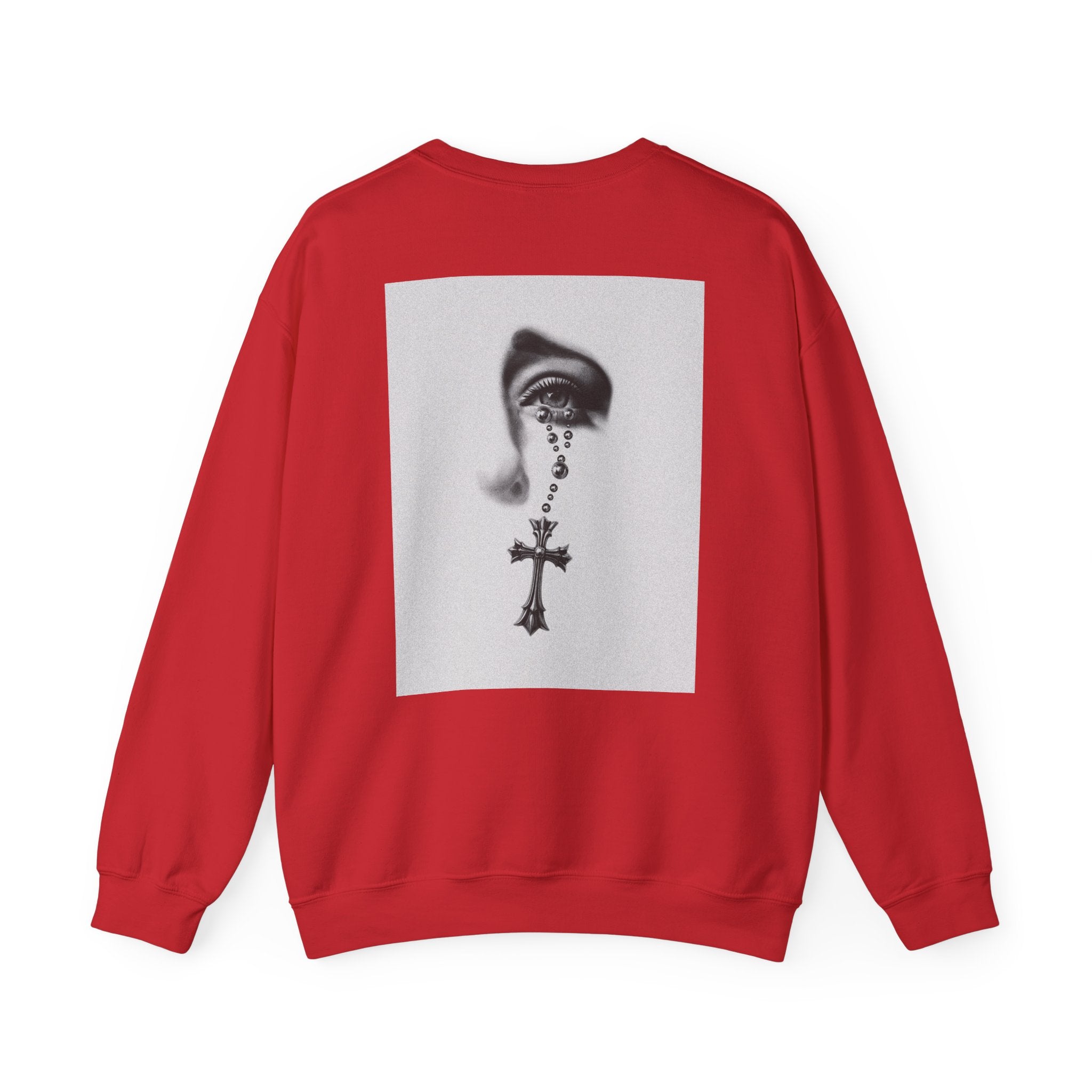 Rosary Tear Crewneck Sweatshirt — Gothic Eye & Cross Graphic