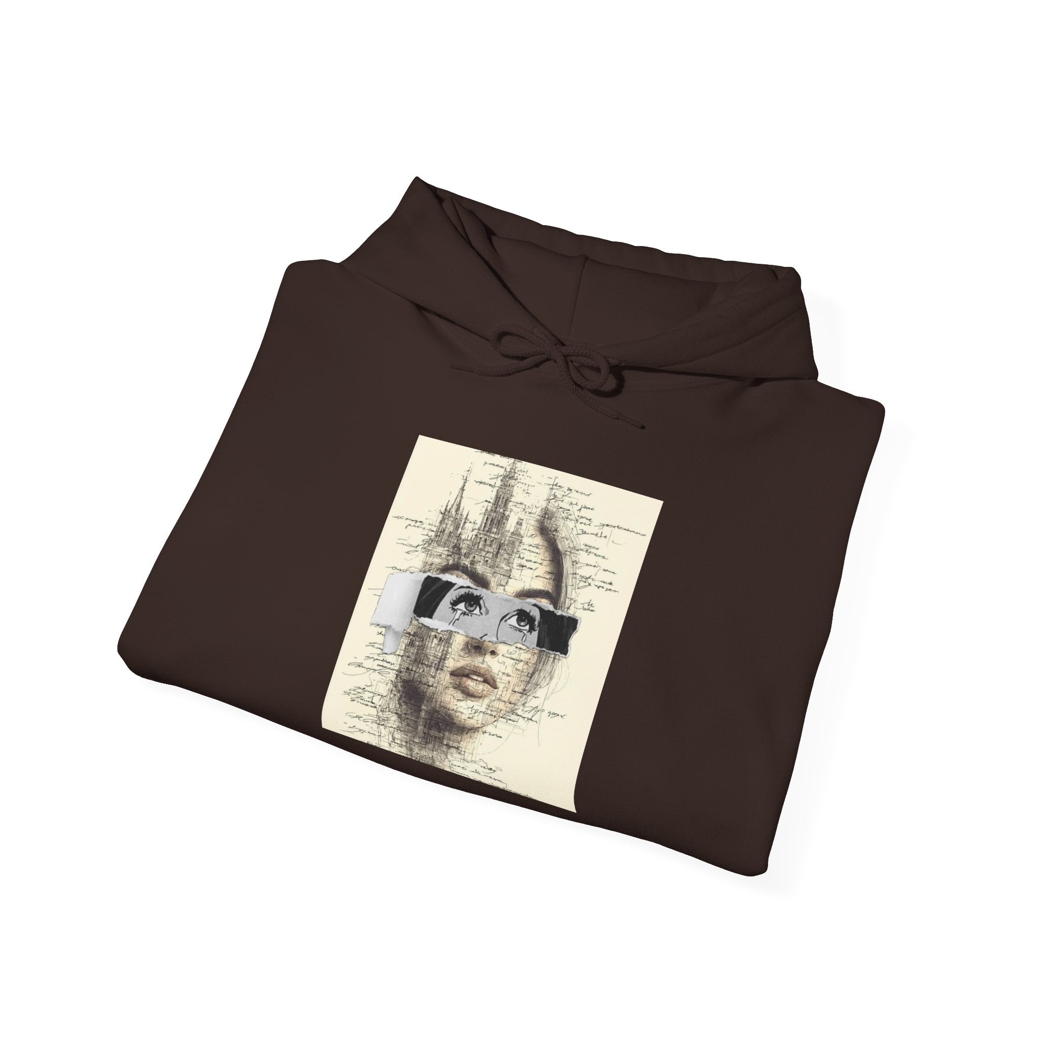 Artistic Face Collage Hoodie — Vintage Script Portrait Sweatshirt