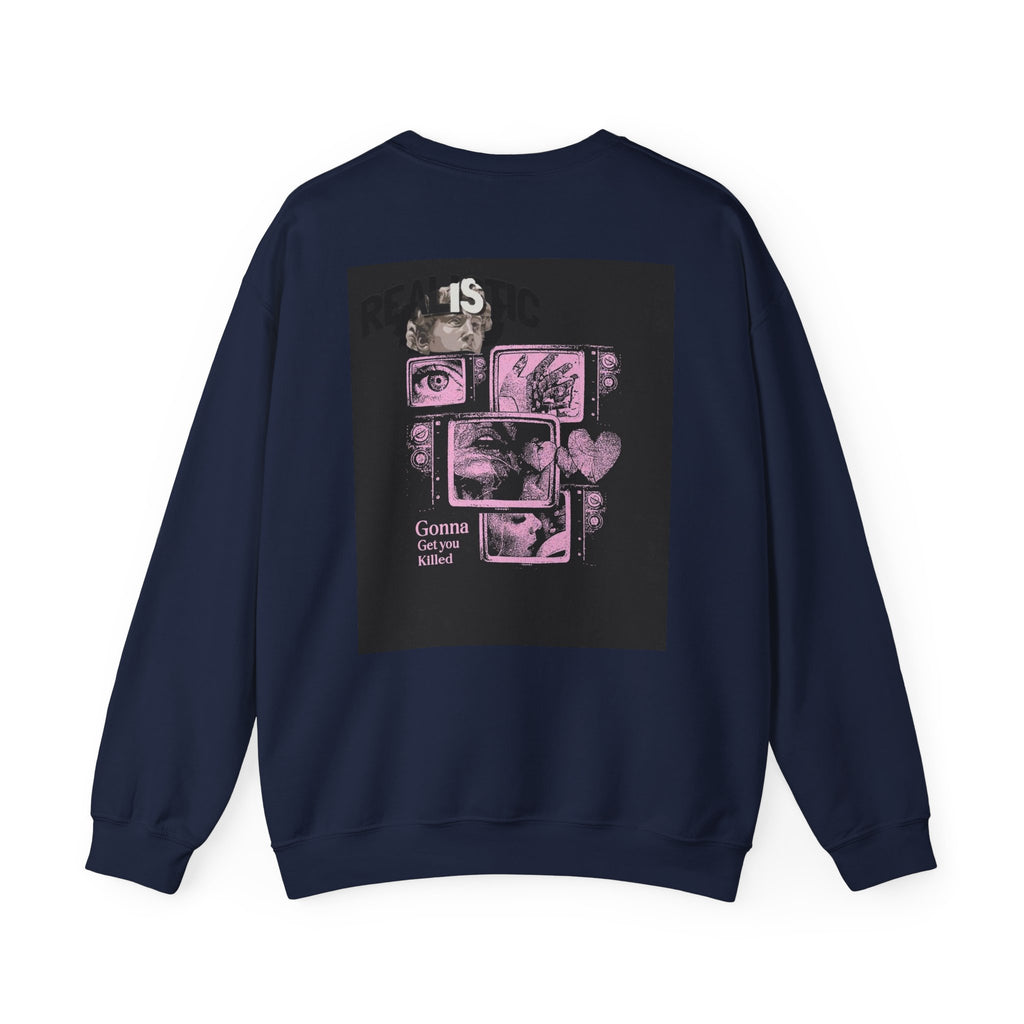 Crewneck Sweatshirt — Pink Collage Eyes Graphic “Gonna Get You, Kiddo”