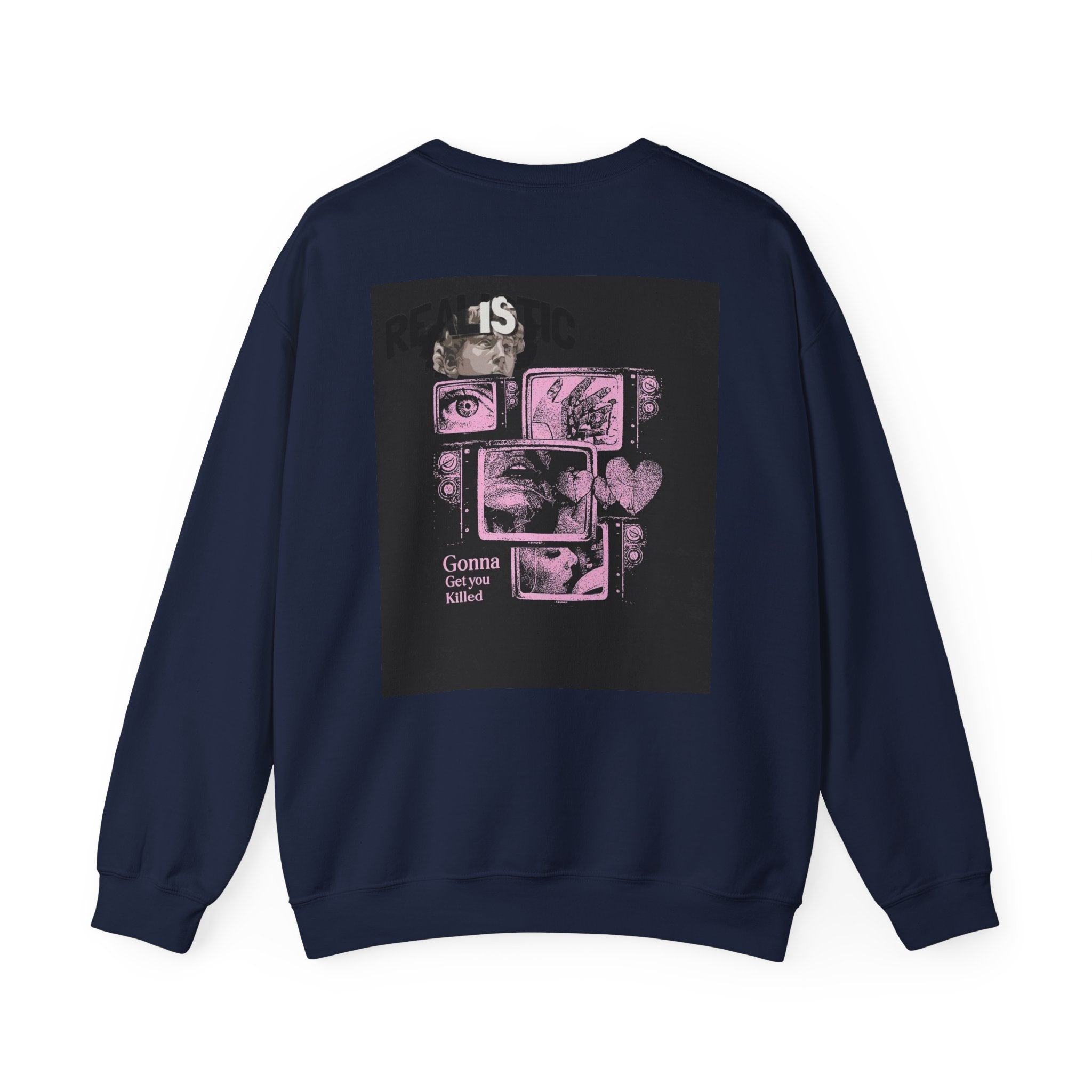 Crewneck Sweatshirt — Pink Collage Eyes Graphic “Gonna Get You, Kiddo”