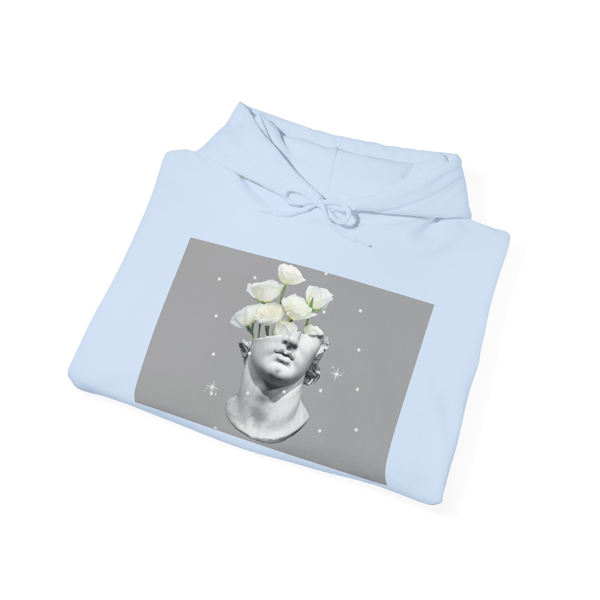 Statue Bloom Hoodie — Classical Bust with White Flowers Graphic Hoodie