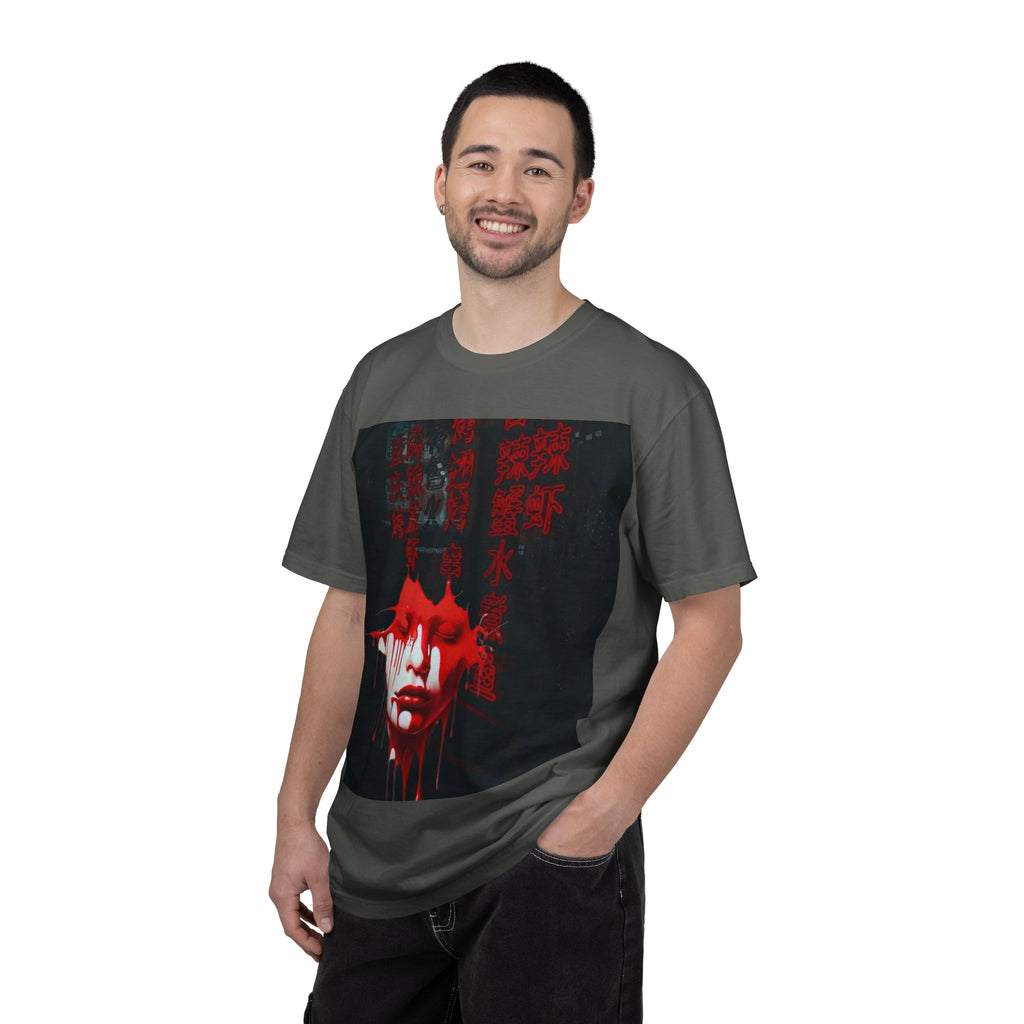 Horror Portrait Tee — Dripping Red Face with Japanese Script Graphic